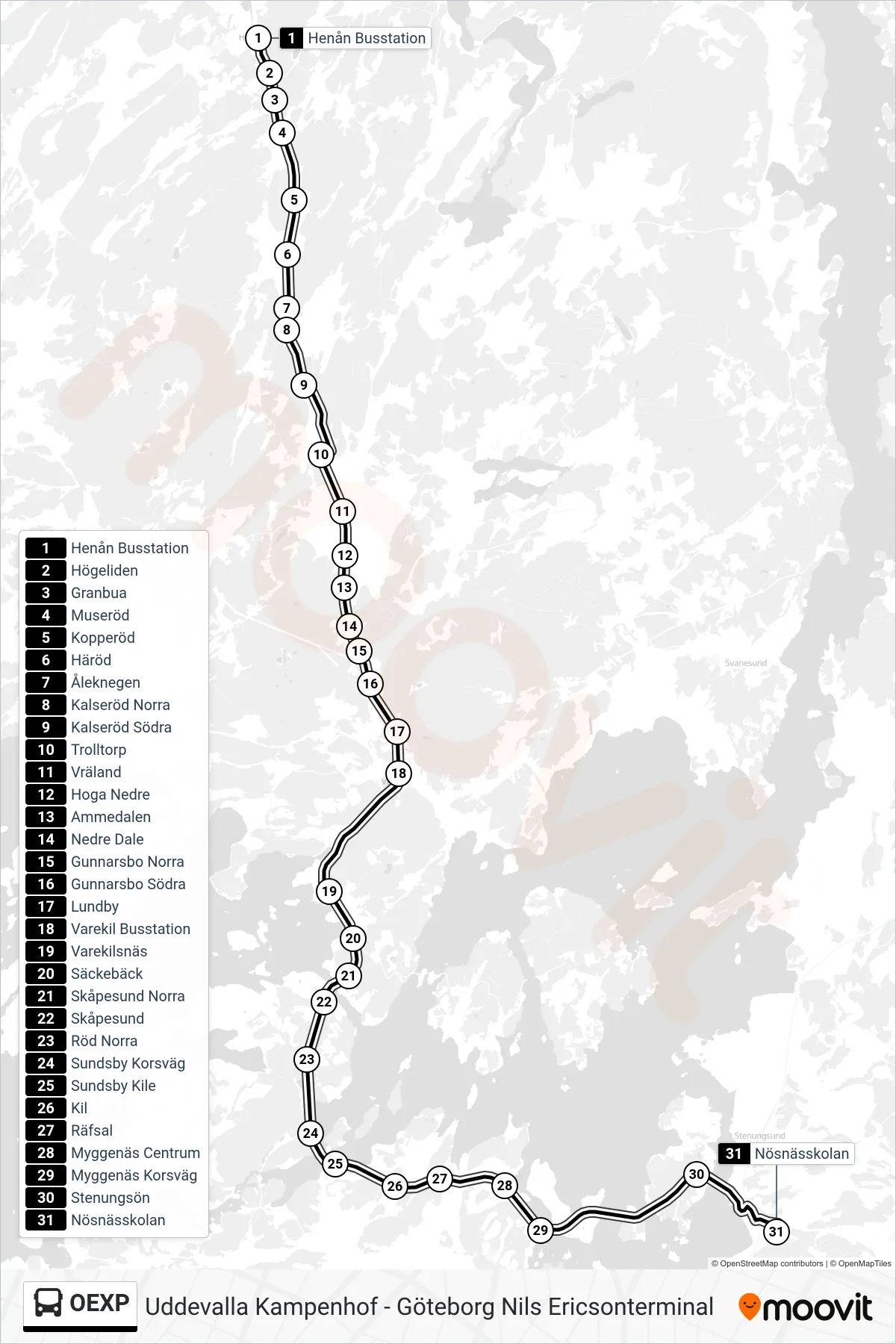 Rutt och hållplatser på karta för linje OEXP spårvagn, (Nösnässkolan)