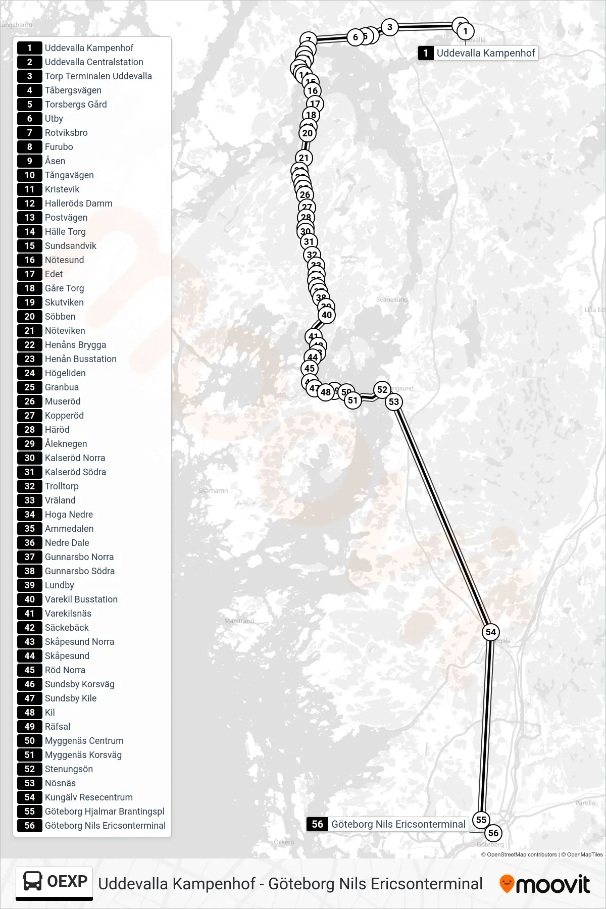 Rutt och hållplatser på karta för linje OEXP  spårvagn, (Göteborg Nils Ericsonterminal)