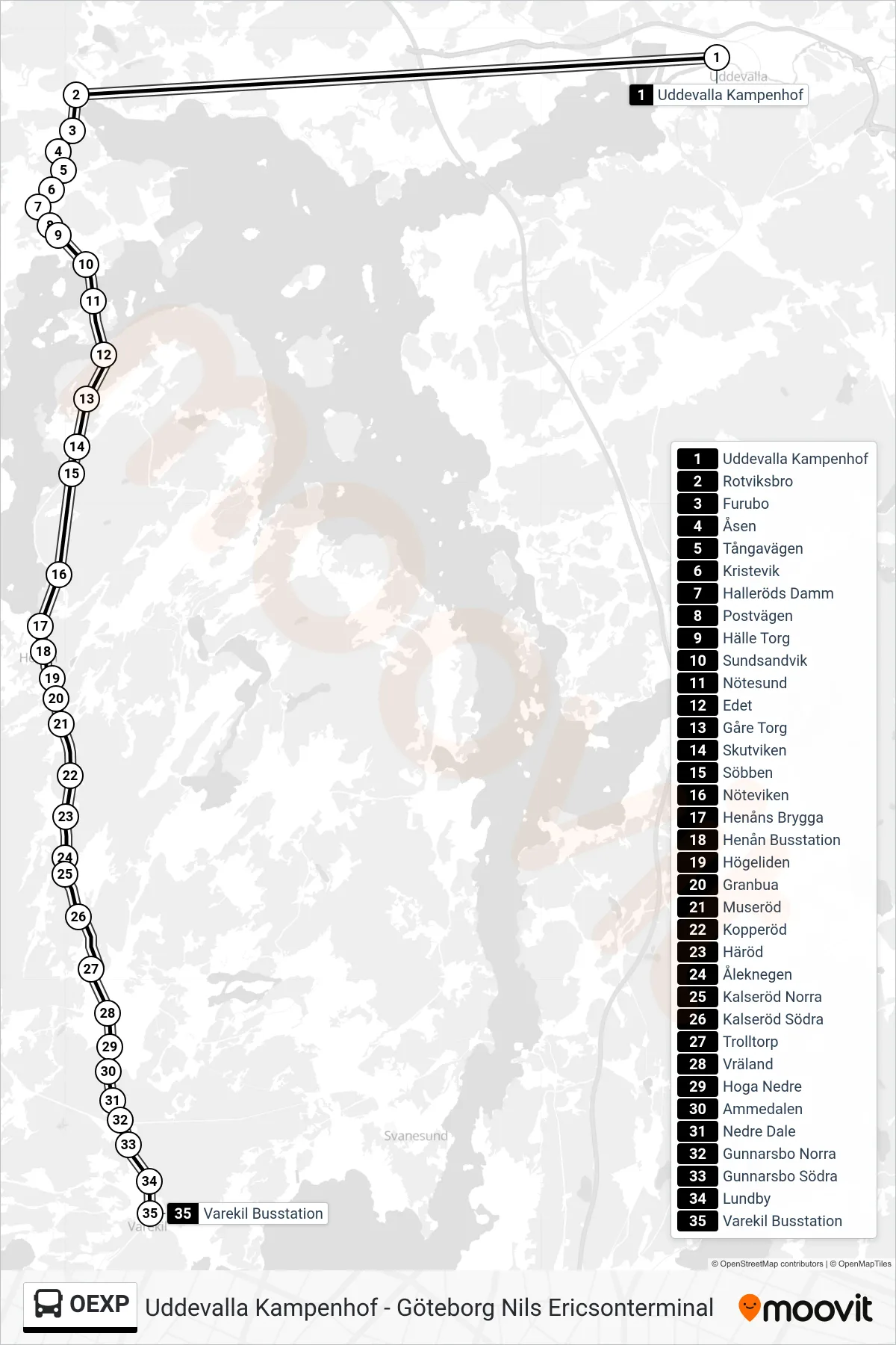 Rutt och hållplatser på karta för linje OEXP spårvagn, (Varekil Busstation)
