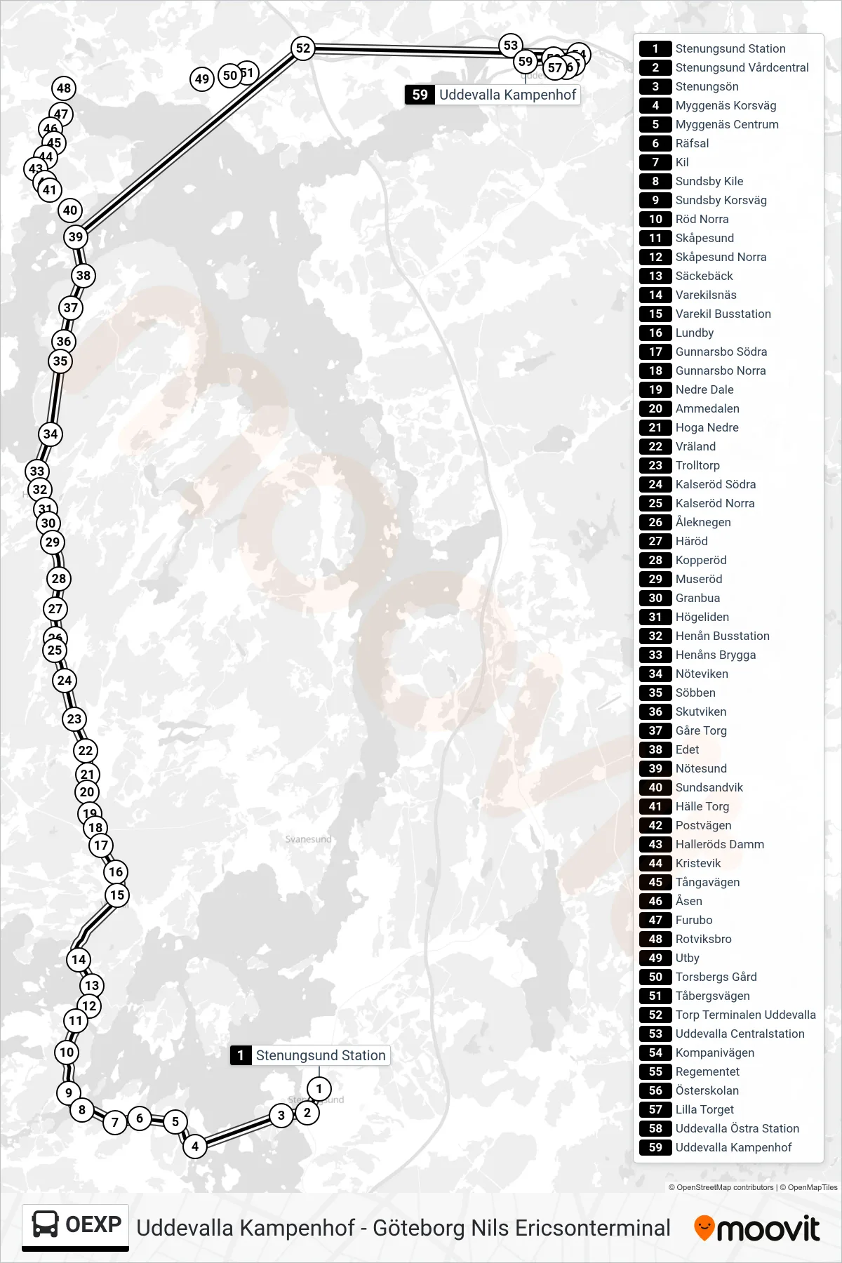 Rutt och hållplatser på karta för linje OEXP spårvagn, (Uddevalla Kampenhof)