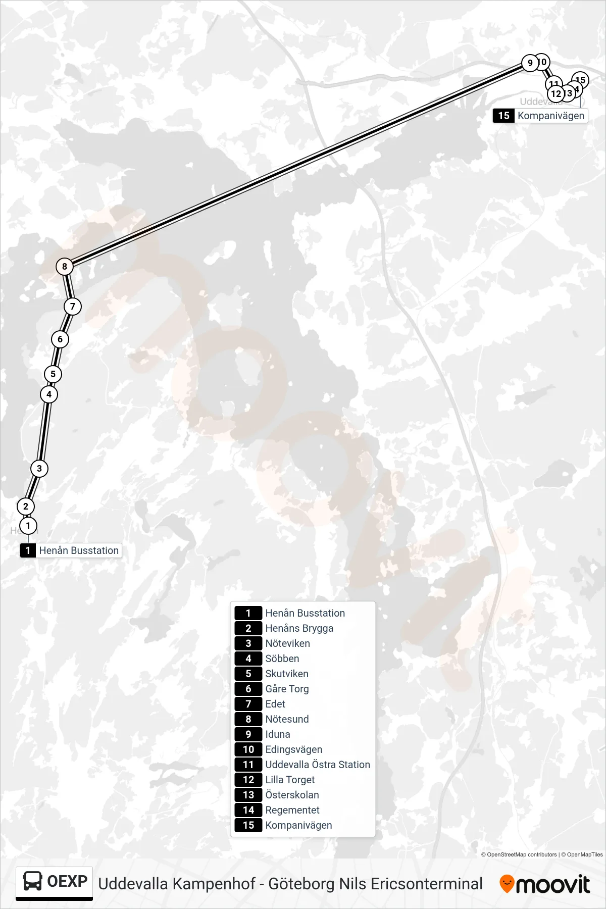 Rutt och hållplatser på karta för linje OEXP spårvagn, (Kompanivägen)