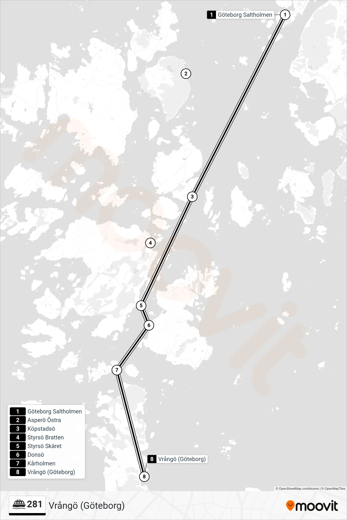 Rutt och hållplatser på karta för linje 281 spårvagn, (Vrångö (Göteborg))