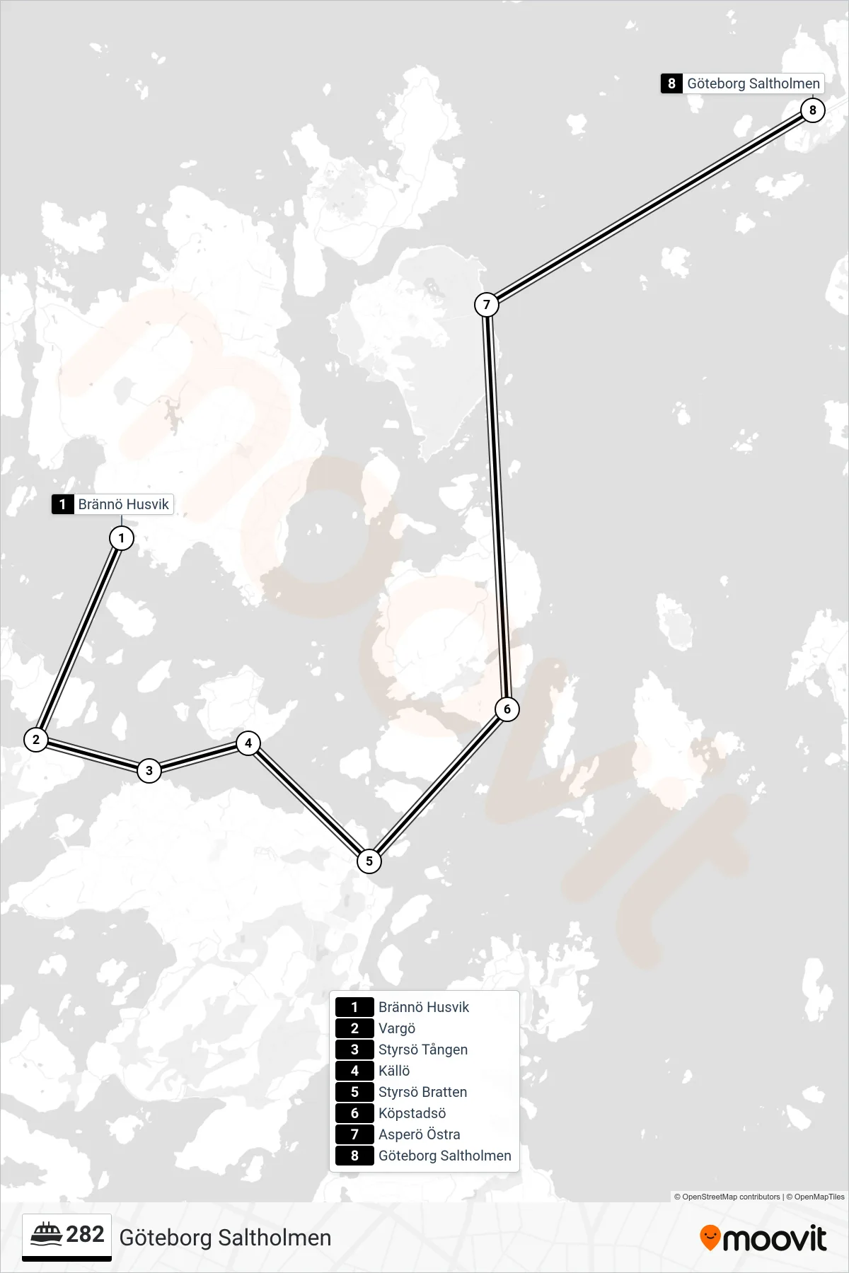 Rutt och hållplatser på karta för linje 282  spårvagn, (Göteborg Saltholmen)