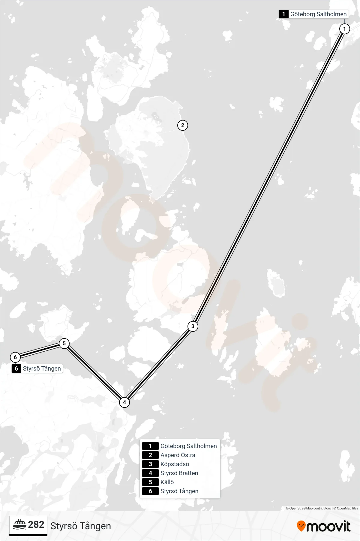 Rutt och hållplatser på karta för linje 282 spårvagn, (Styrsö Tången)
