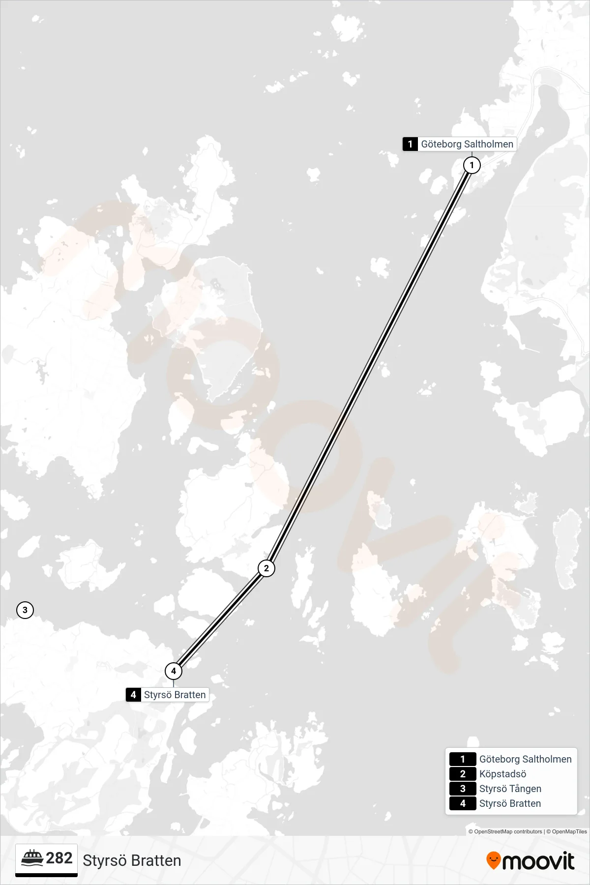 Rutt och hållplatser på karta för linje 282  spårvagn, (Styrsö Bratten)