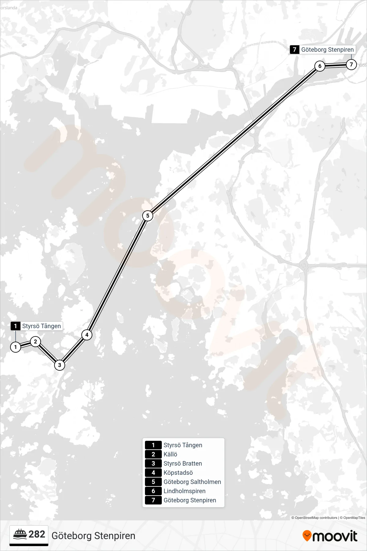 Rutt och hållplatser på karta för linje 282  spårvagn, (Göteborg Stenpiren)
