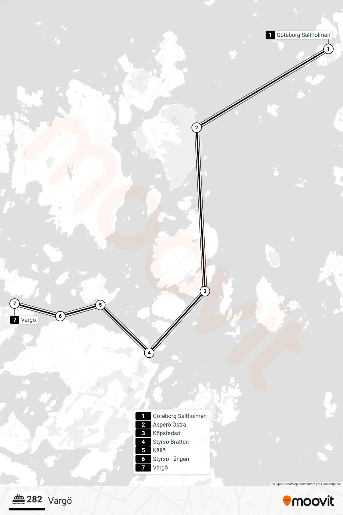 Rutt och hållplatser på karta för linje 282  spårvagn, (Vargö)