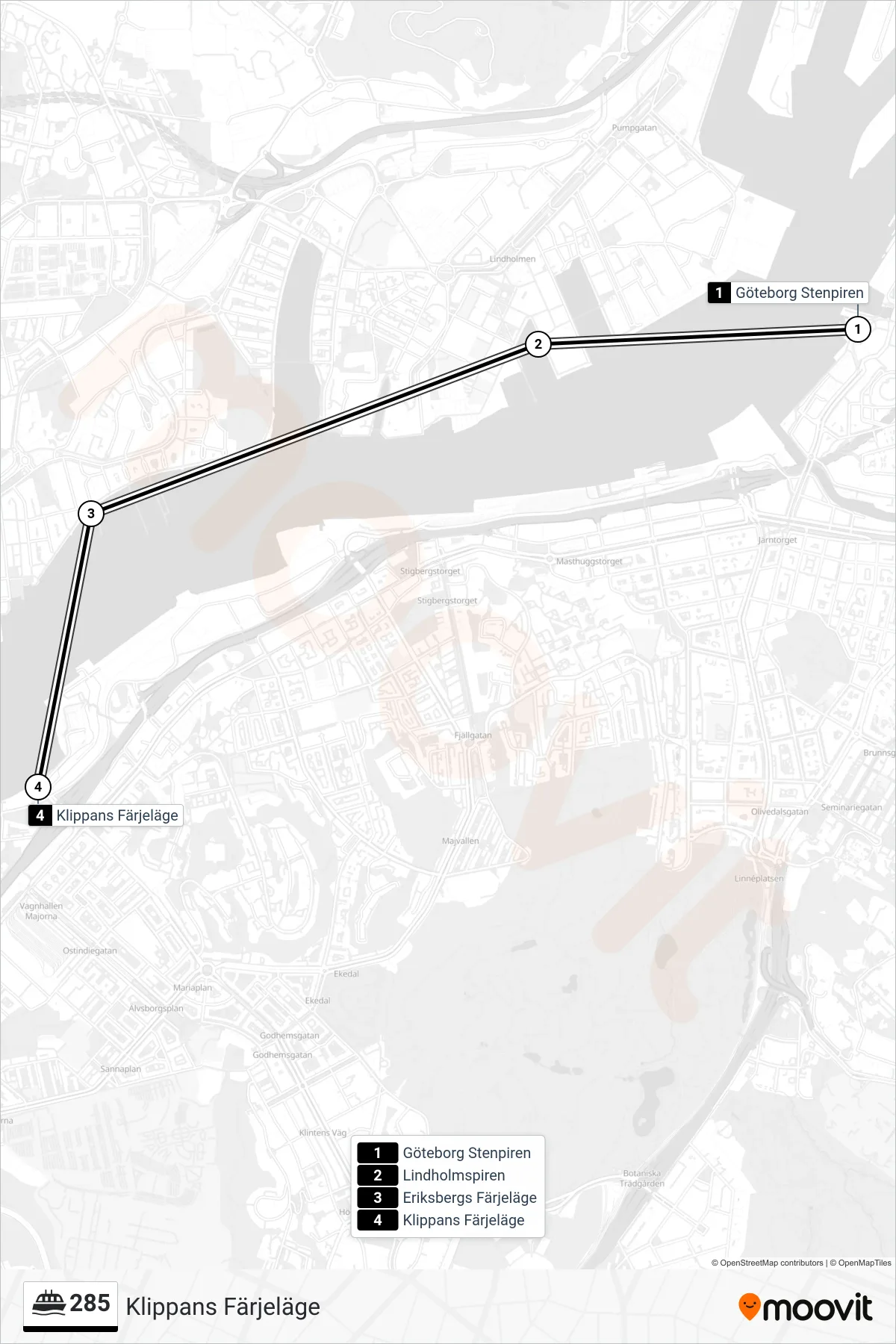 Rutt och hållplatser på karta för linje 285 spårvagn, (Klippans Färjeläge)