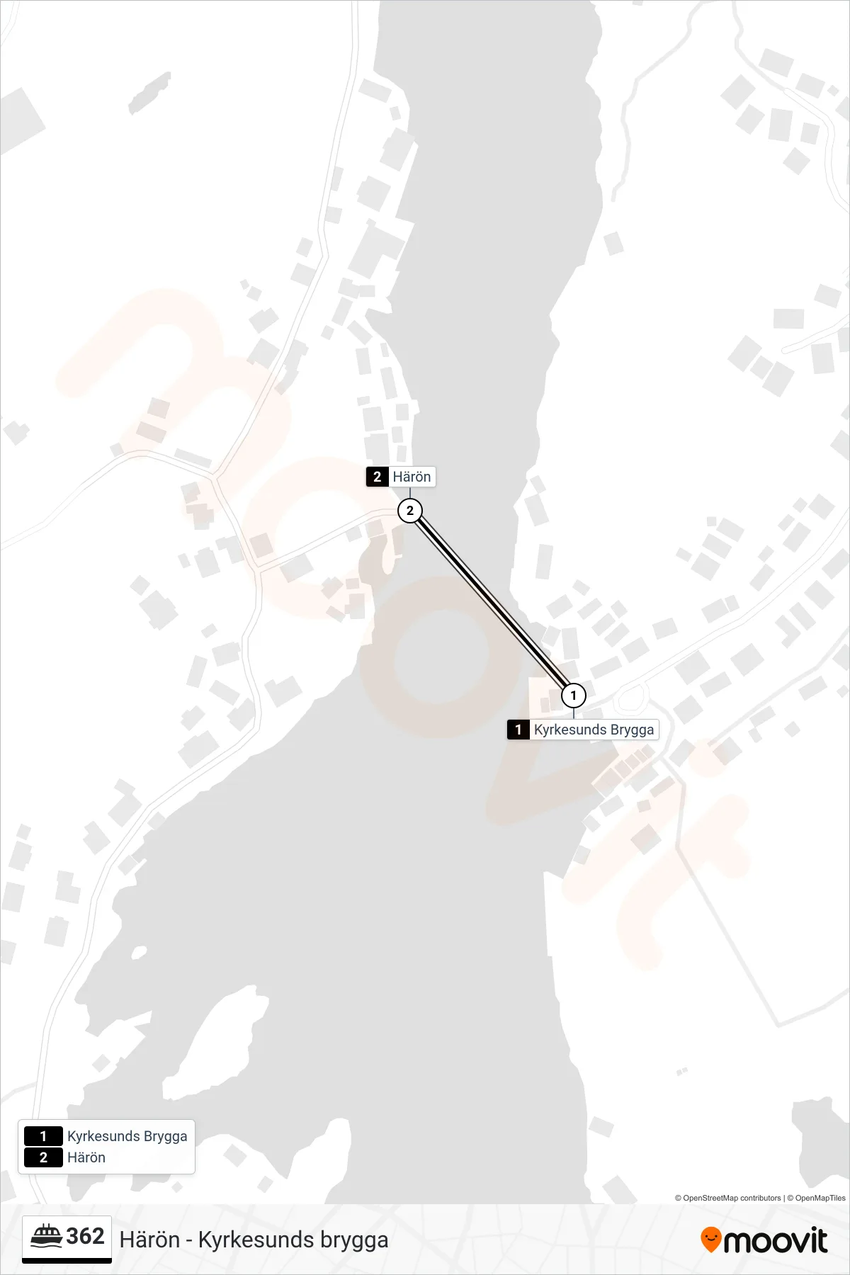 Rutt och hållplatser på karta för linje 362  spårvagn, (Härön)