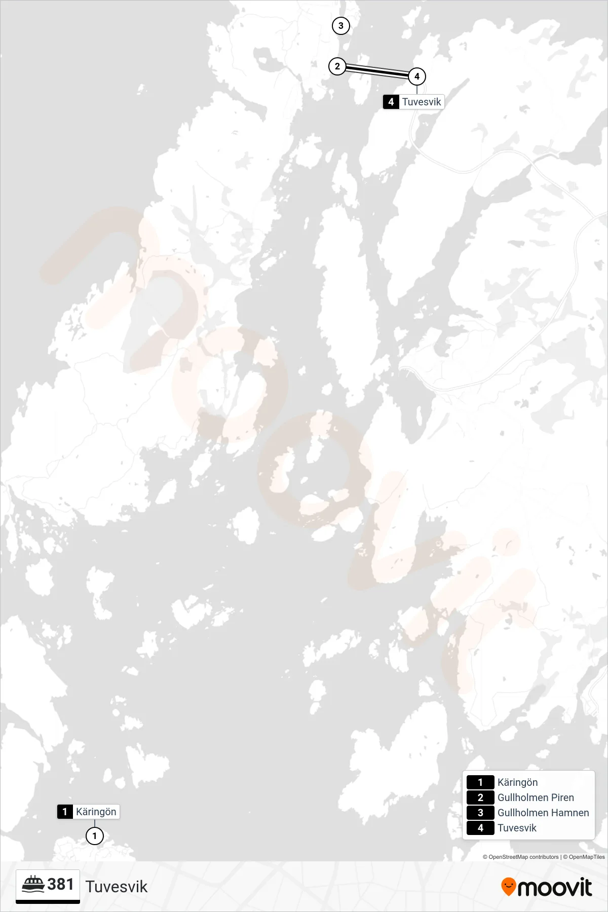 Rutt och hållplatser på karta för linje 381 spårvagn, (Tuvesvik)