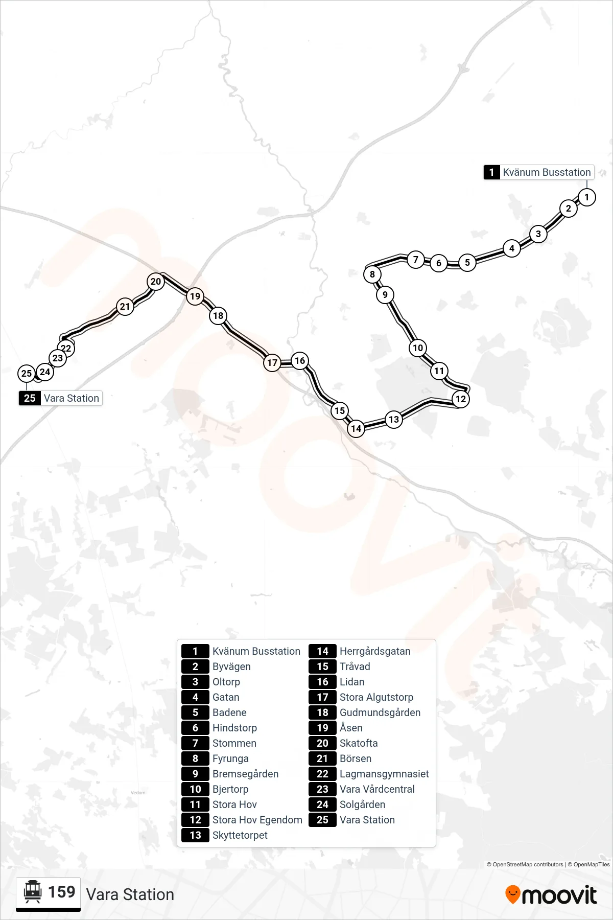 Rutt och hållplatser på karta för linje 159 spårvagn, (Vara Station)