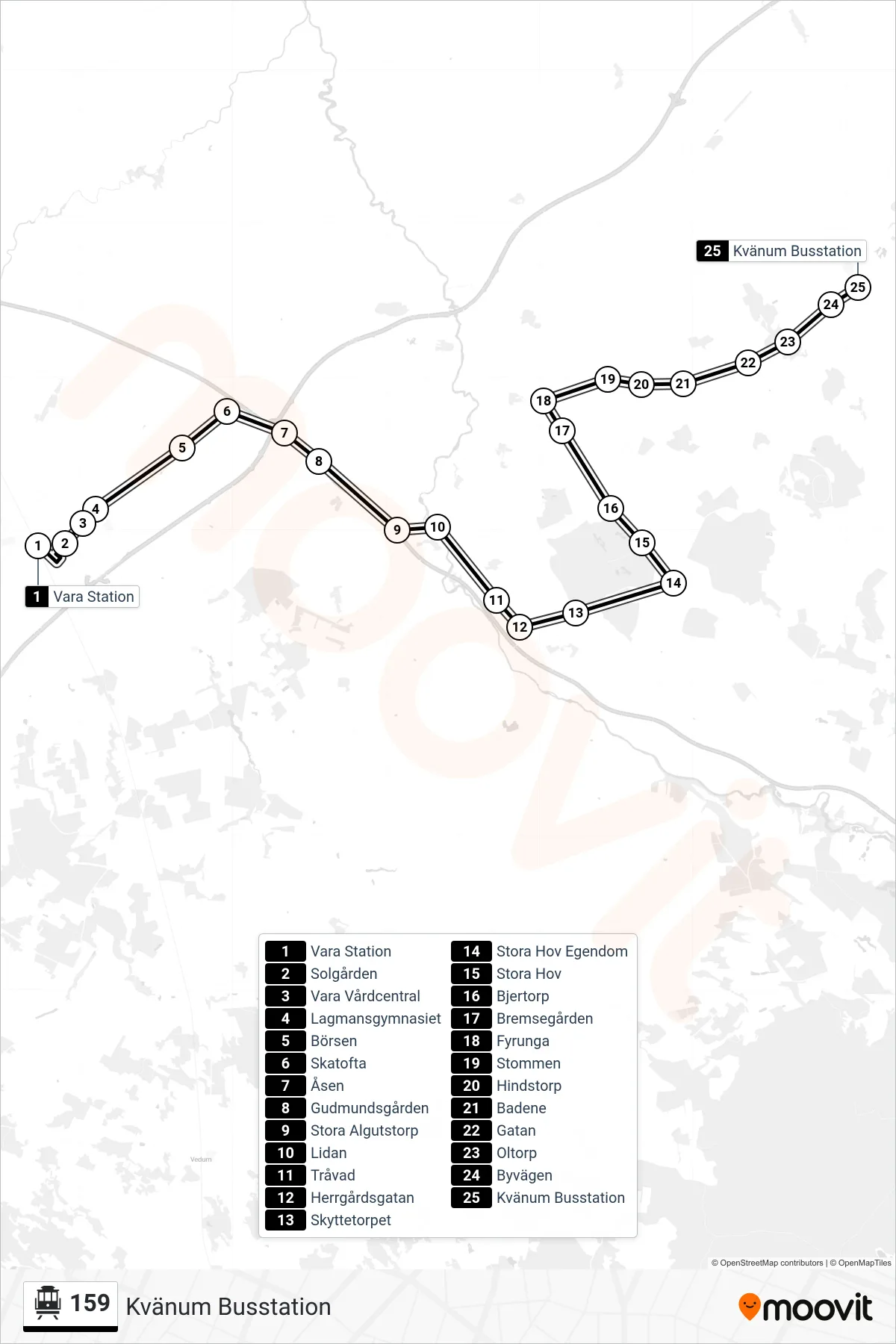 Rutt och hållplatser på karta för linje 159 spårvagn, (Kvänum Busstation)