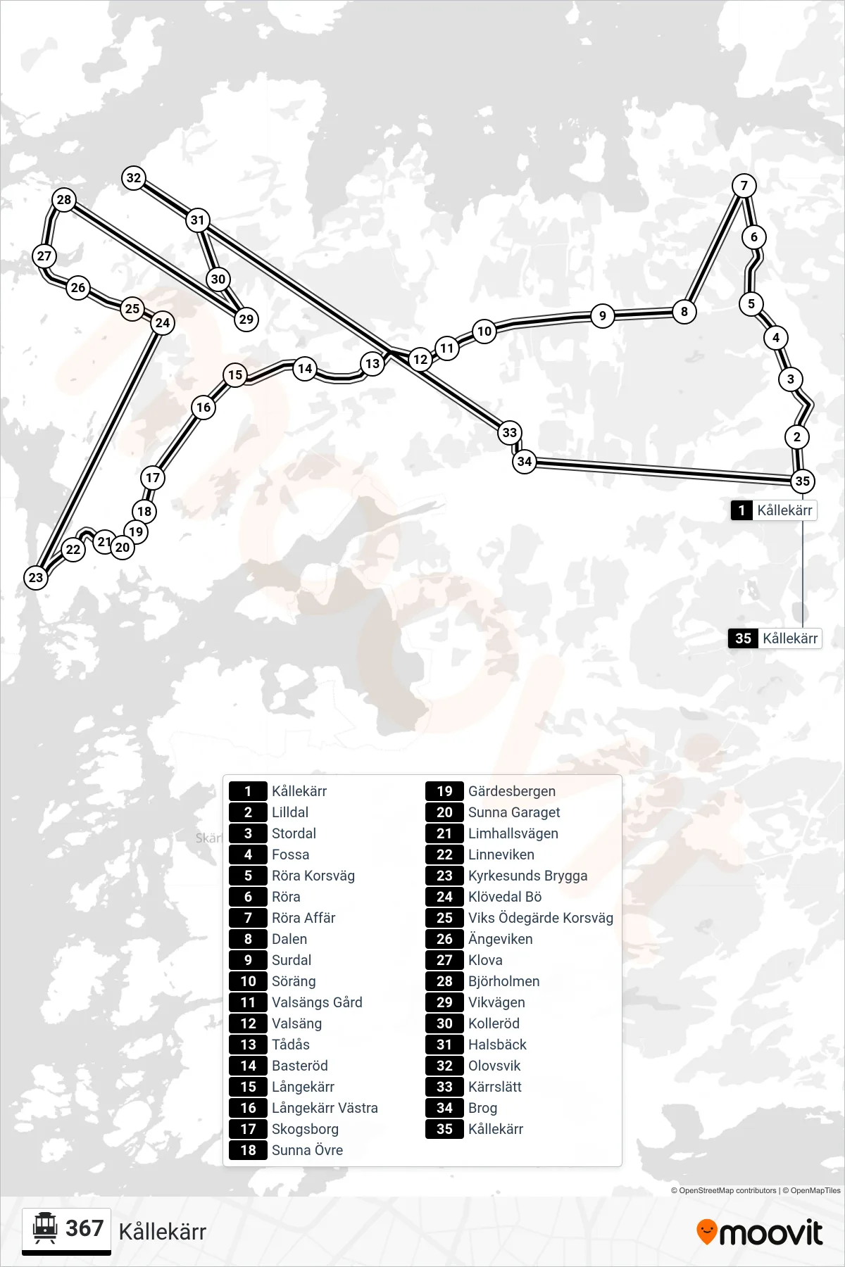 Rutt och hållplatser på karta för linje 367 spårvagn, (Kållekärr)