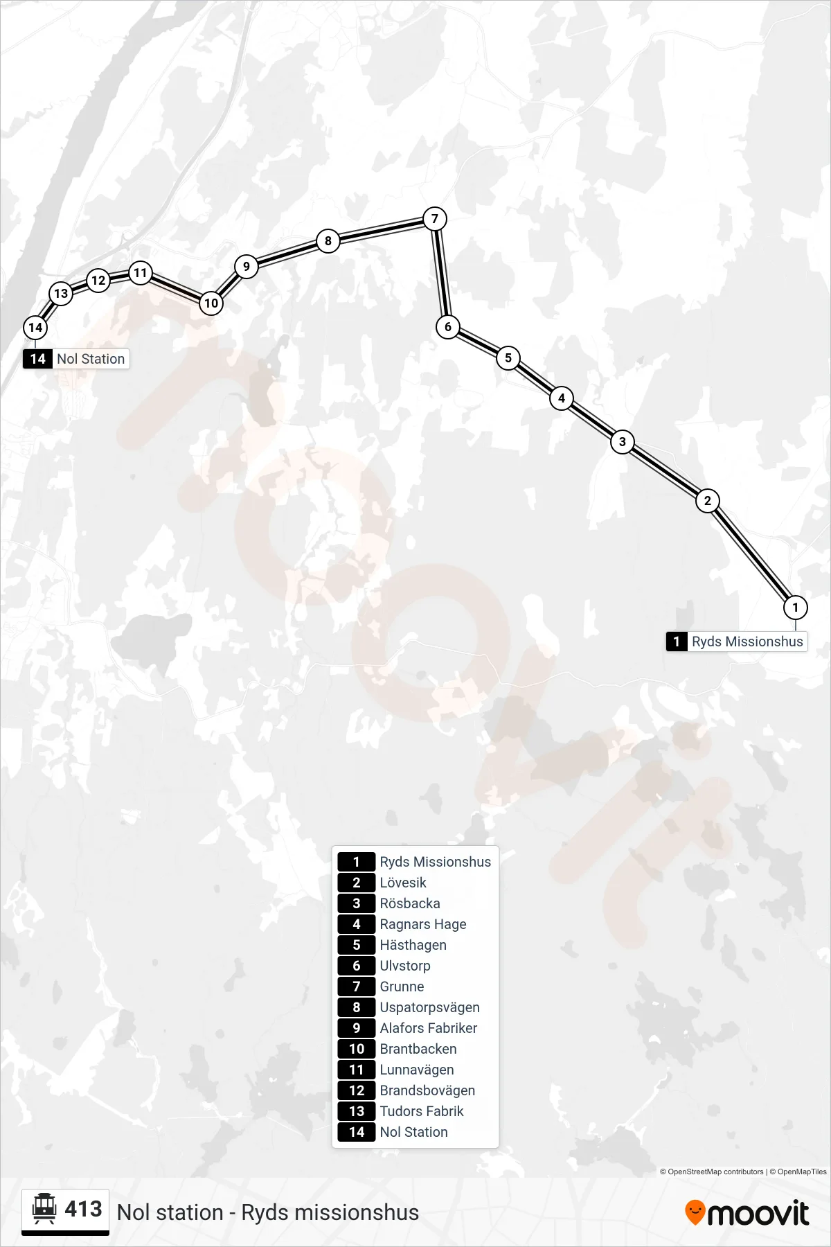 Rutt och hållplatser på karta för linje 413  spårvagn, (Nol Station)