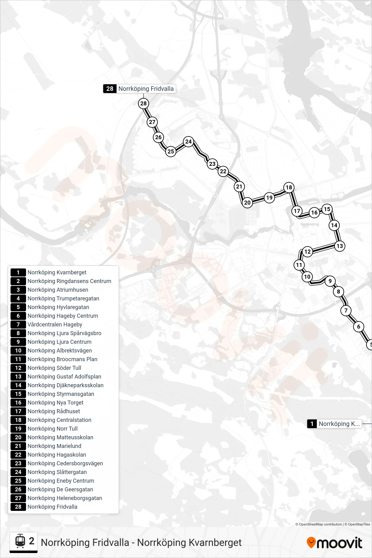 Rutt och hållplatser på karta för linje 2  spårvagn, (Norrköping Fridvalla)