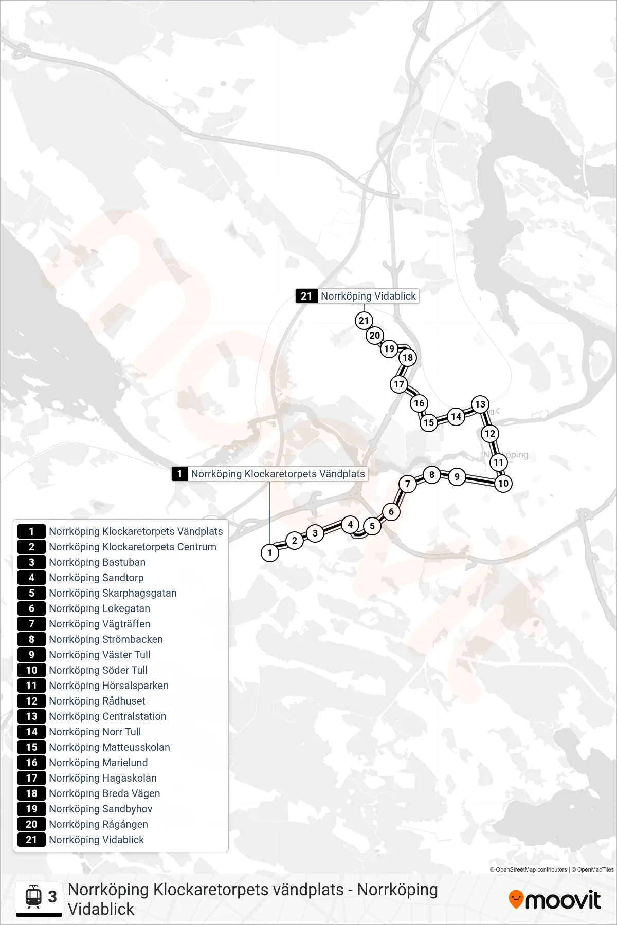 Rutt och hållplatser på karta för linje 3 spårvagn, (Norrköping Vidablick)