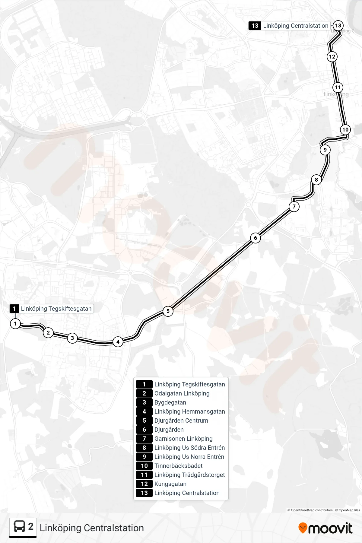 Rutt och hållplatser på karta för linje 2 spårvagn, (Linköping Centralstation)