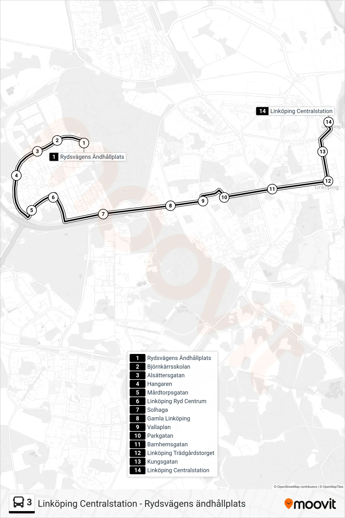 Rutt och hållplatser på karta för linje 3 spårvagn, (Linköping Centralstation)