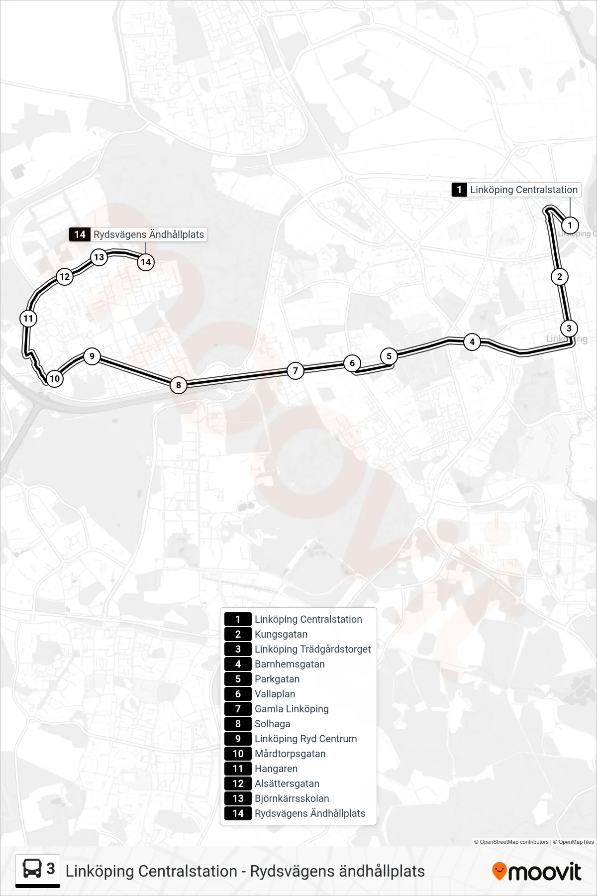Rutt och hållplatser på karta för linje 3 spårvagn, (Rydsvägens Ändhållplats)