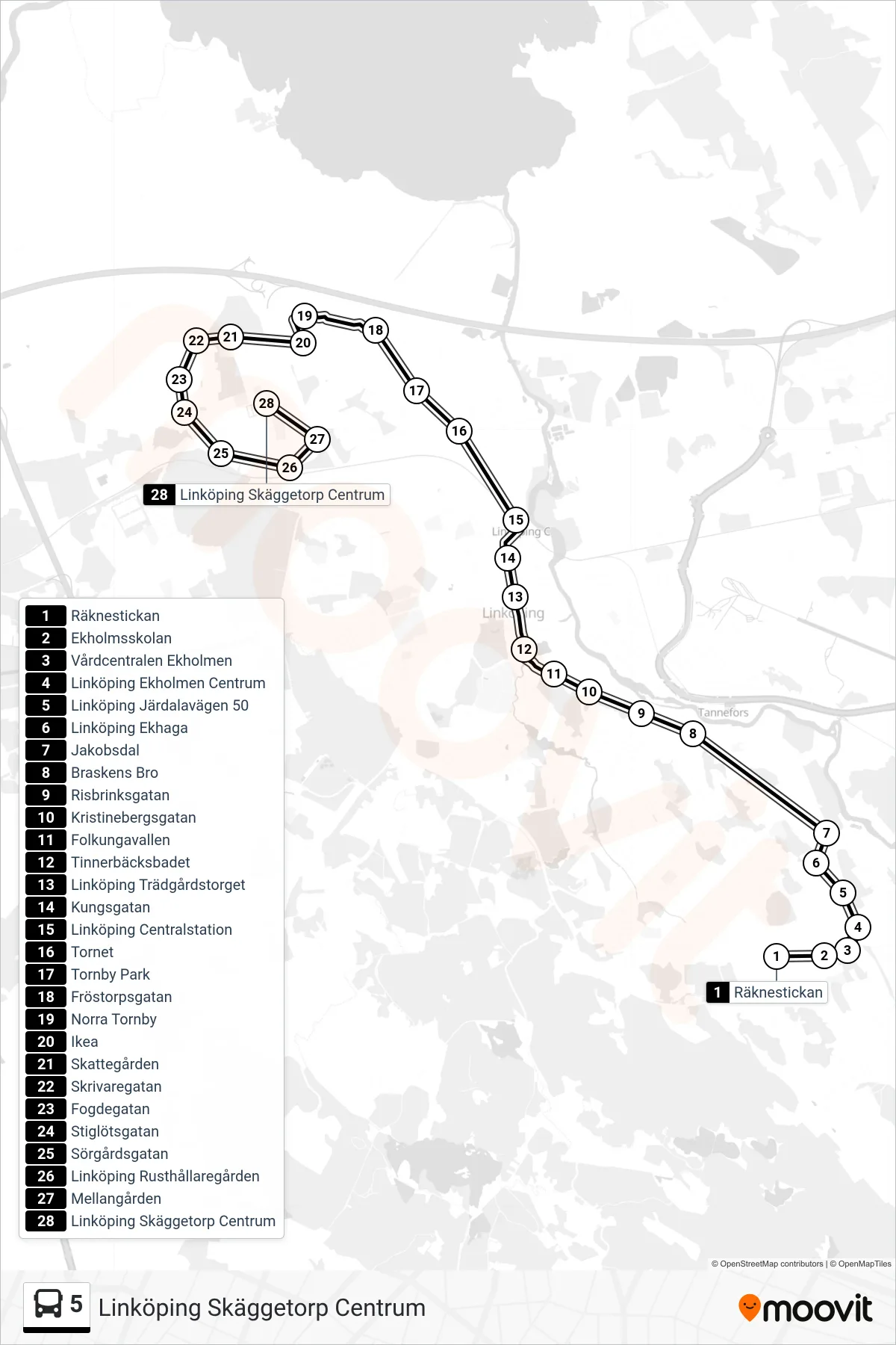 Rutt och hållplatser på karta för linje 5  spårvagn, (Linköping Skäggetorp Centrum)