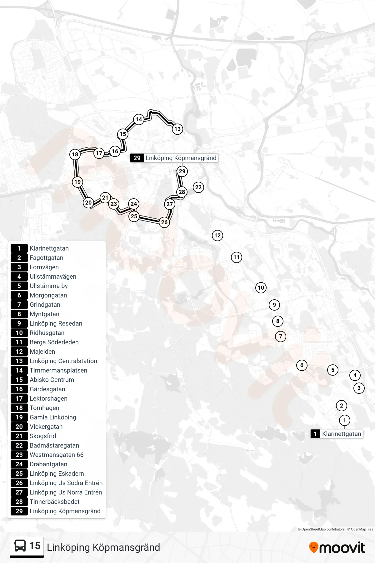 Rutt och hållplatser på karta för linje 15 spårvagn, (Linköping Köpmansgränd)