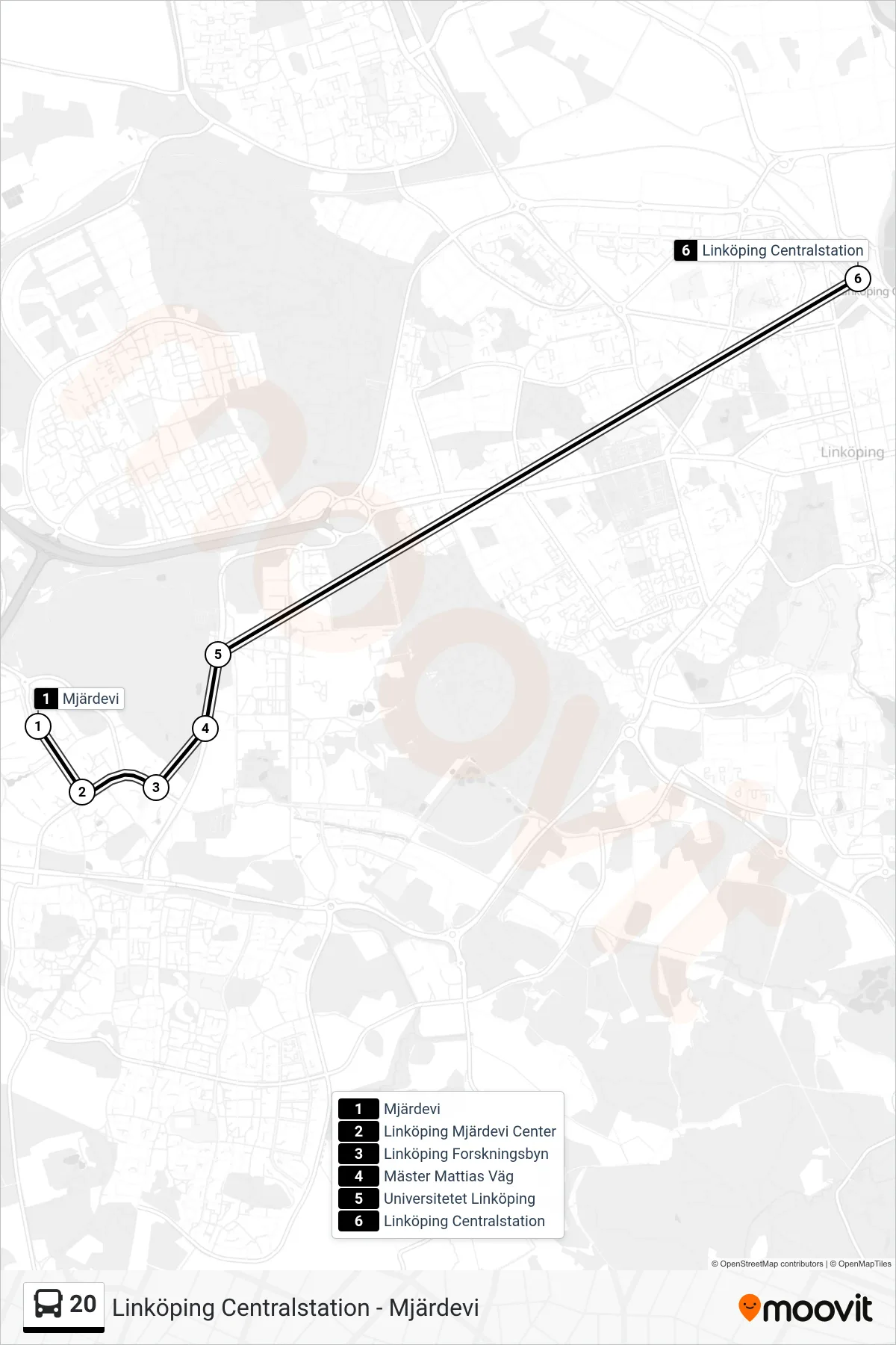 Rutt och hållplatser på karta för linje 20  spårvagn, (Linköping Centralstation)