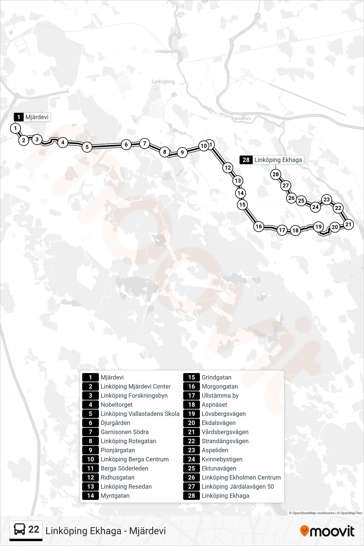 Rutt och hållplatser på karta för linje 22 spårvagn, (Linköping Ekhaga)