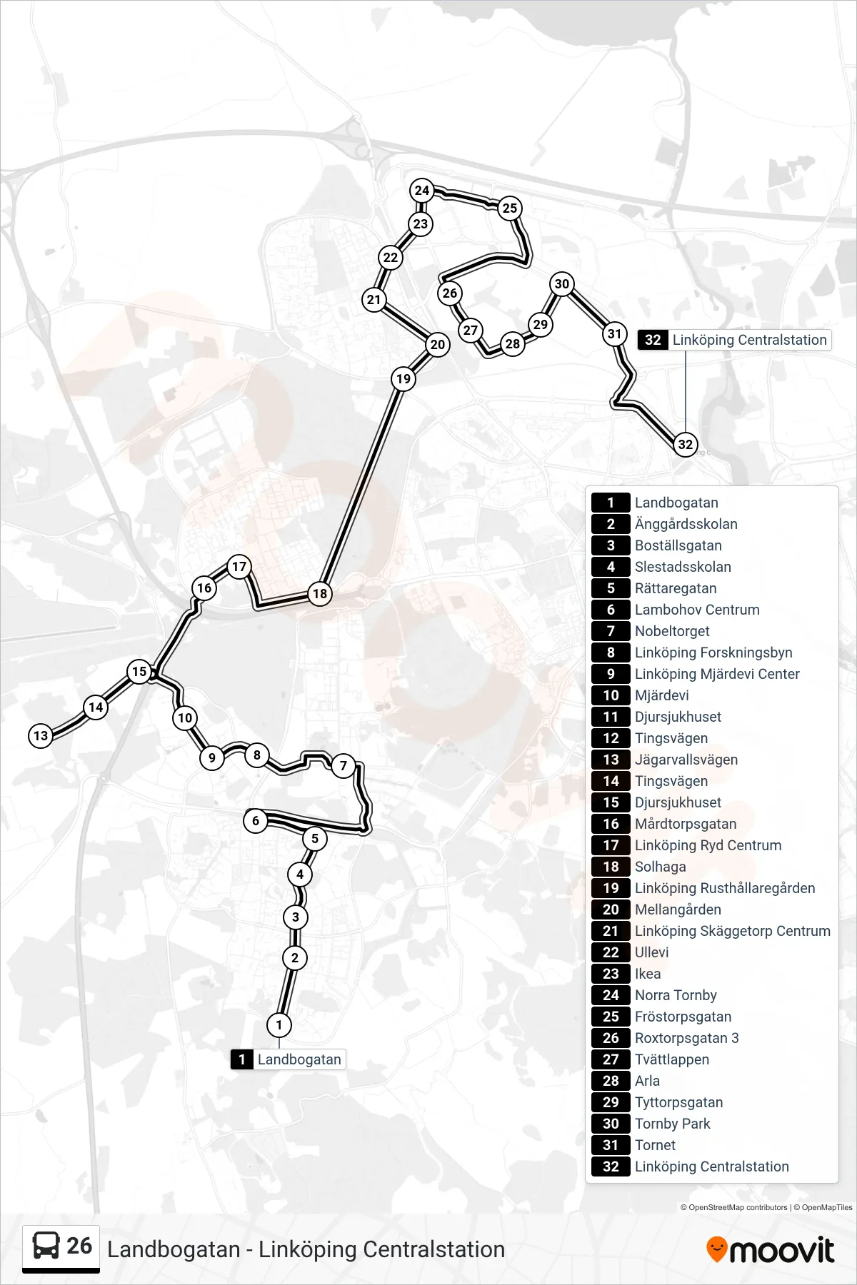 Rutt och hållplatser på karta för linje 26  spårvagn, (Linköping Centralstation)