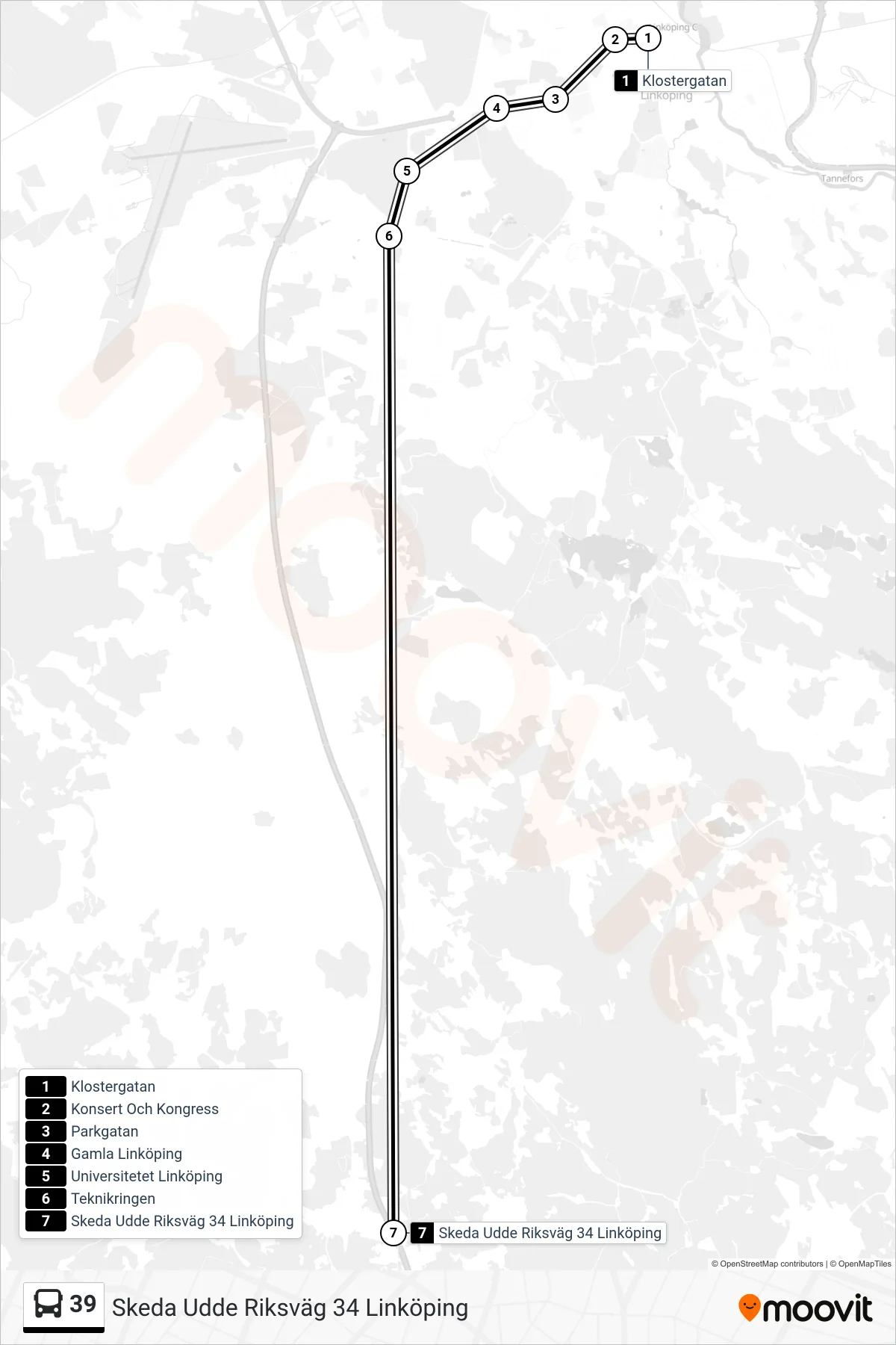 Rutt och hållplatser på karta för linje 39 spårvagn, (Skeda Udde Riksväg 34 Linköping)