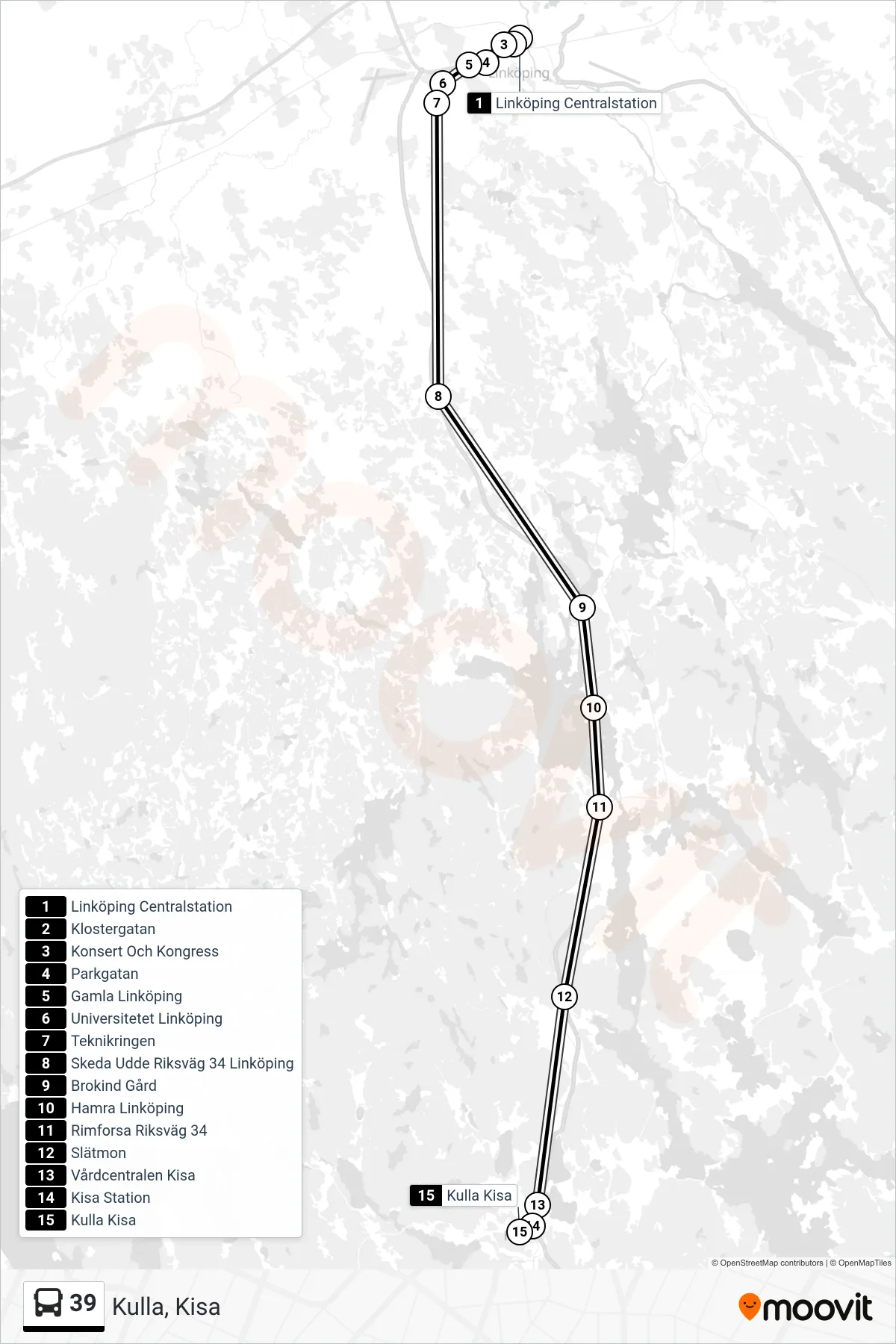Rutt och hållplatser på karta för linje 39 spårvagn, (Kulla, Kisa)