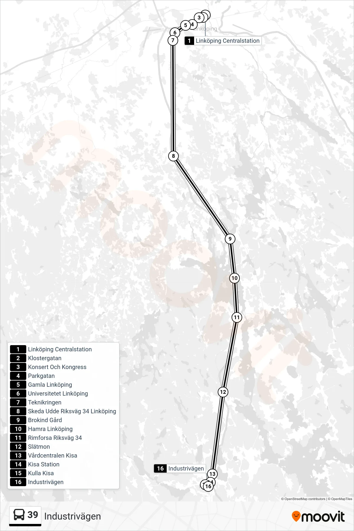 Rutt och hållplatser på karta för linje 39 spårvagn, (Industrivägen)