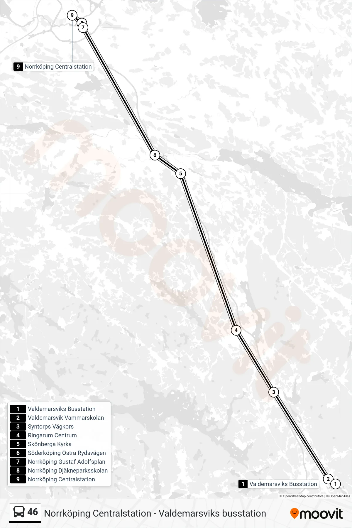 Rutt och hållplatser på karta för linje 46 spårvagn, (Norrköping Centralstation)
