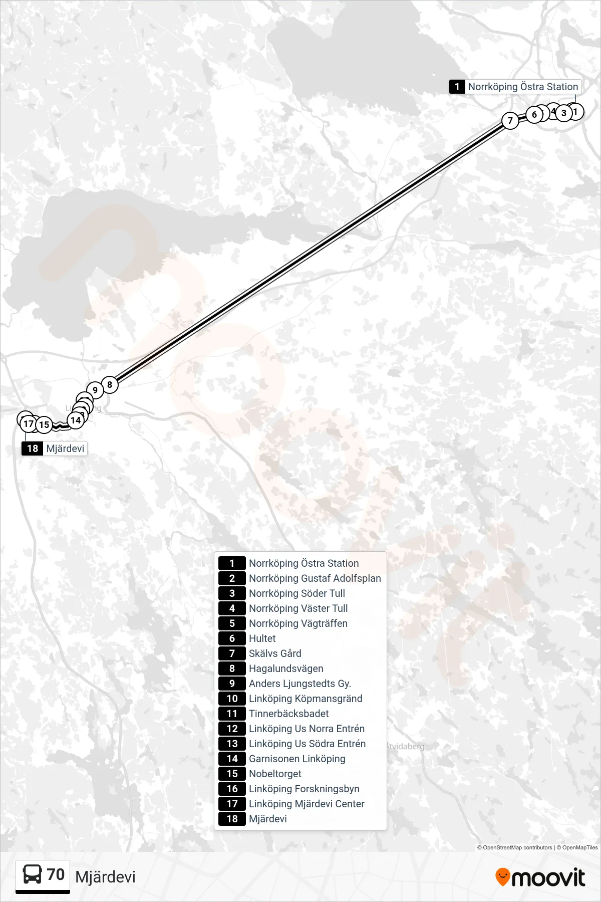 Rutt och hållplatser på karta för linje 70 spårvagn, (Mjärdevi)