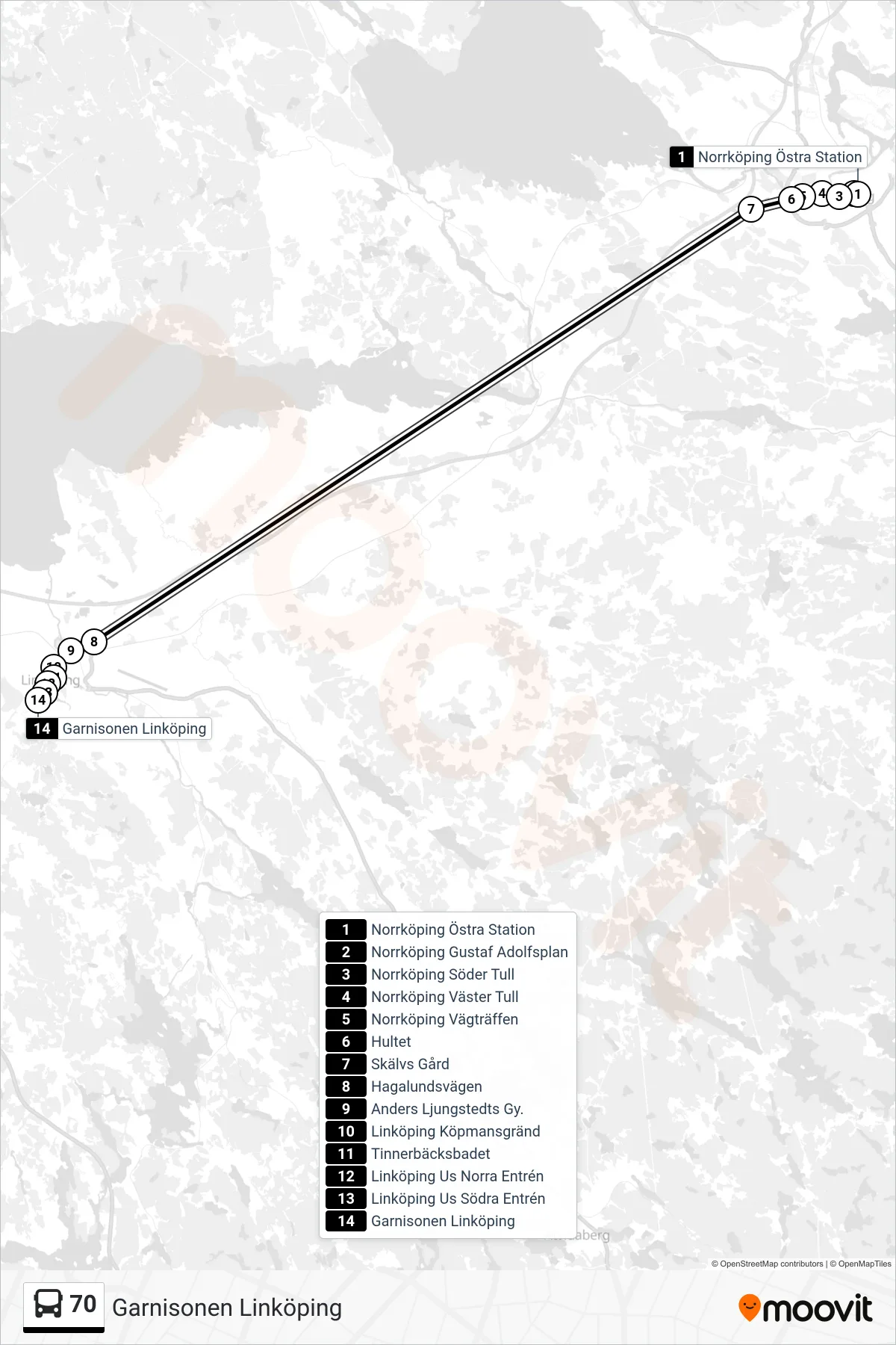 Rutt och hållplatser på karta för linje 70  spårvagn, (Garnisonen Linköping)
