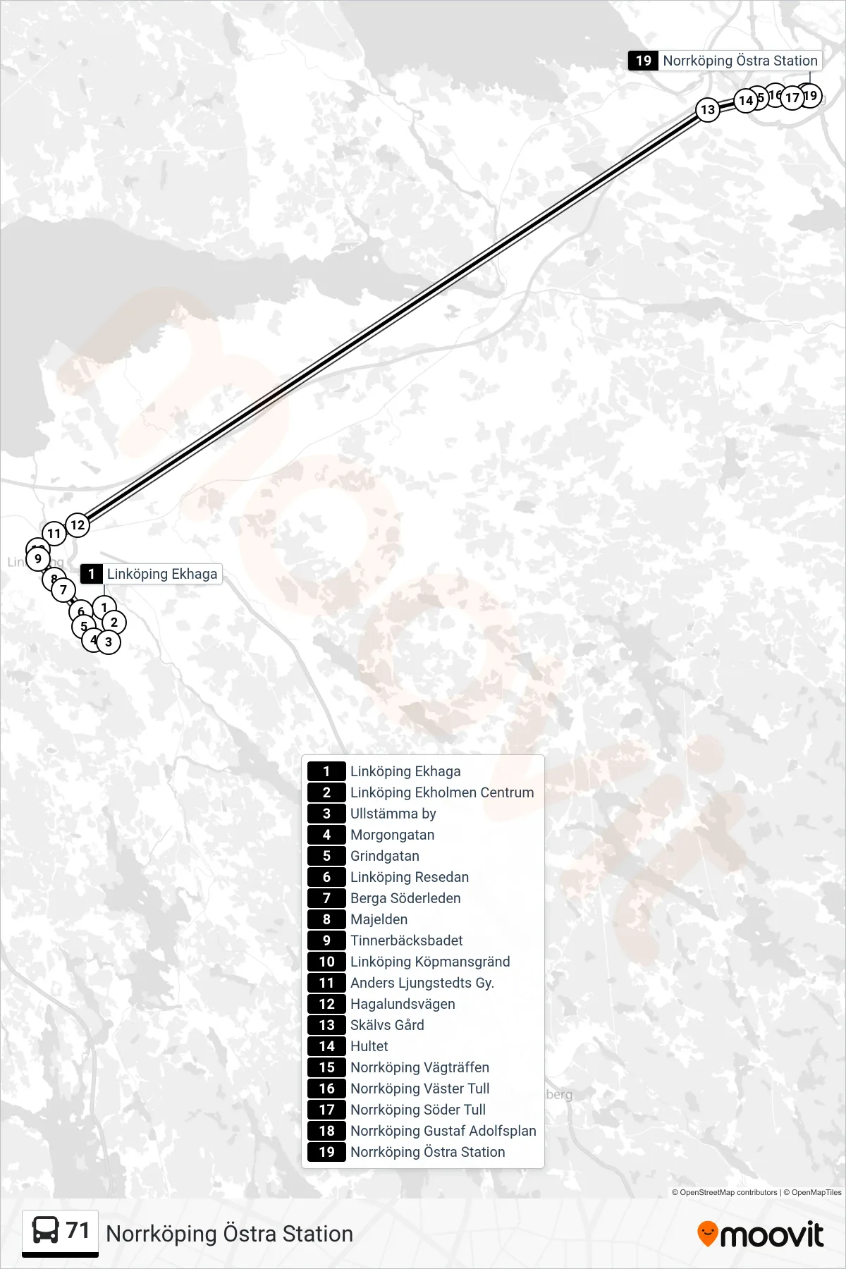 Rutt och hållplatser på karta för linje 71 spårvagn, (Norrköping Östra Station)