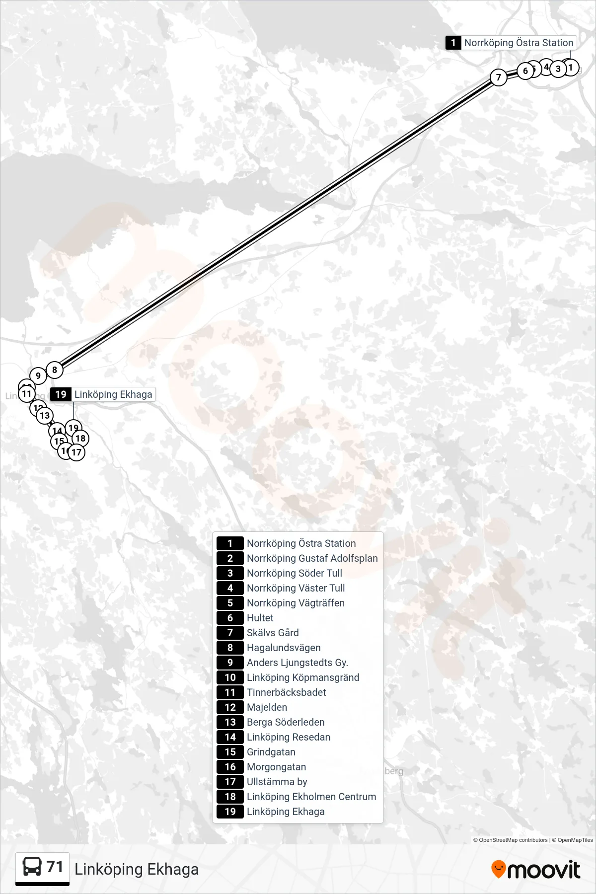 Rutt och hållplatser på karta för linje 71 spårvagn, (Linköping Ekhaga)