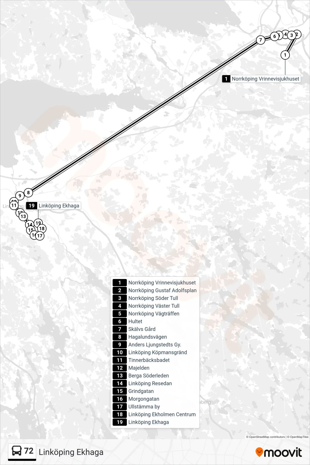 Rutt och hållplatser på karta för linje 72 spårvagn, (Linköping Ekhaga)