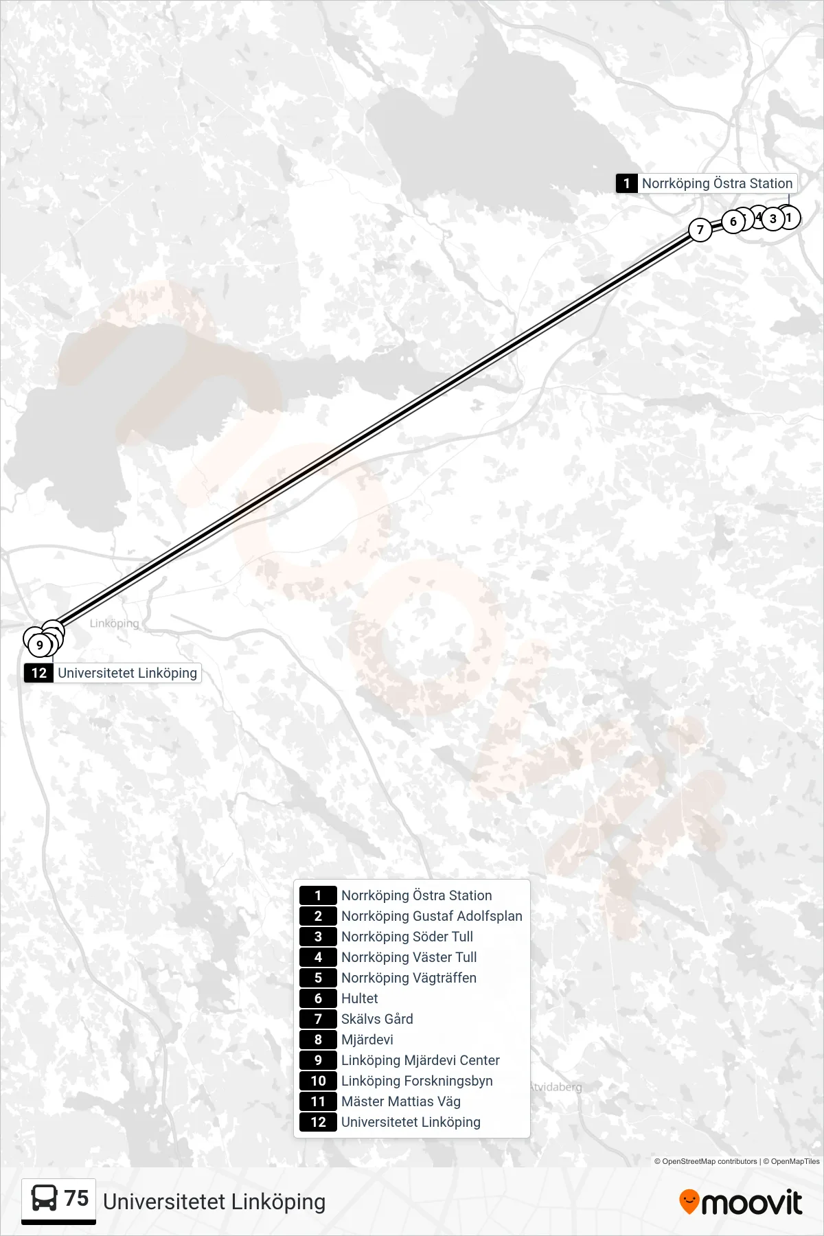 Rutt och hållplatser på karta för linje 75 spårvagn, (Universitetet Linköping)