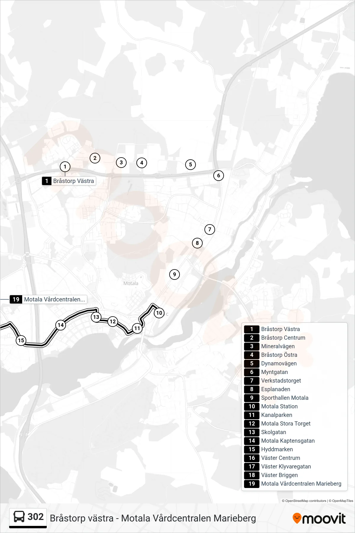 Rutt och hållplatser på karta för linje 302  spårvagn, (Motala Vårdcentralen Marieberg)