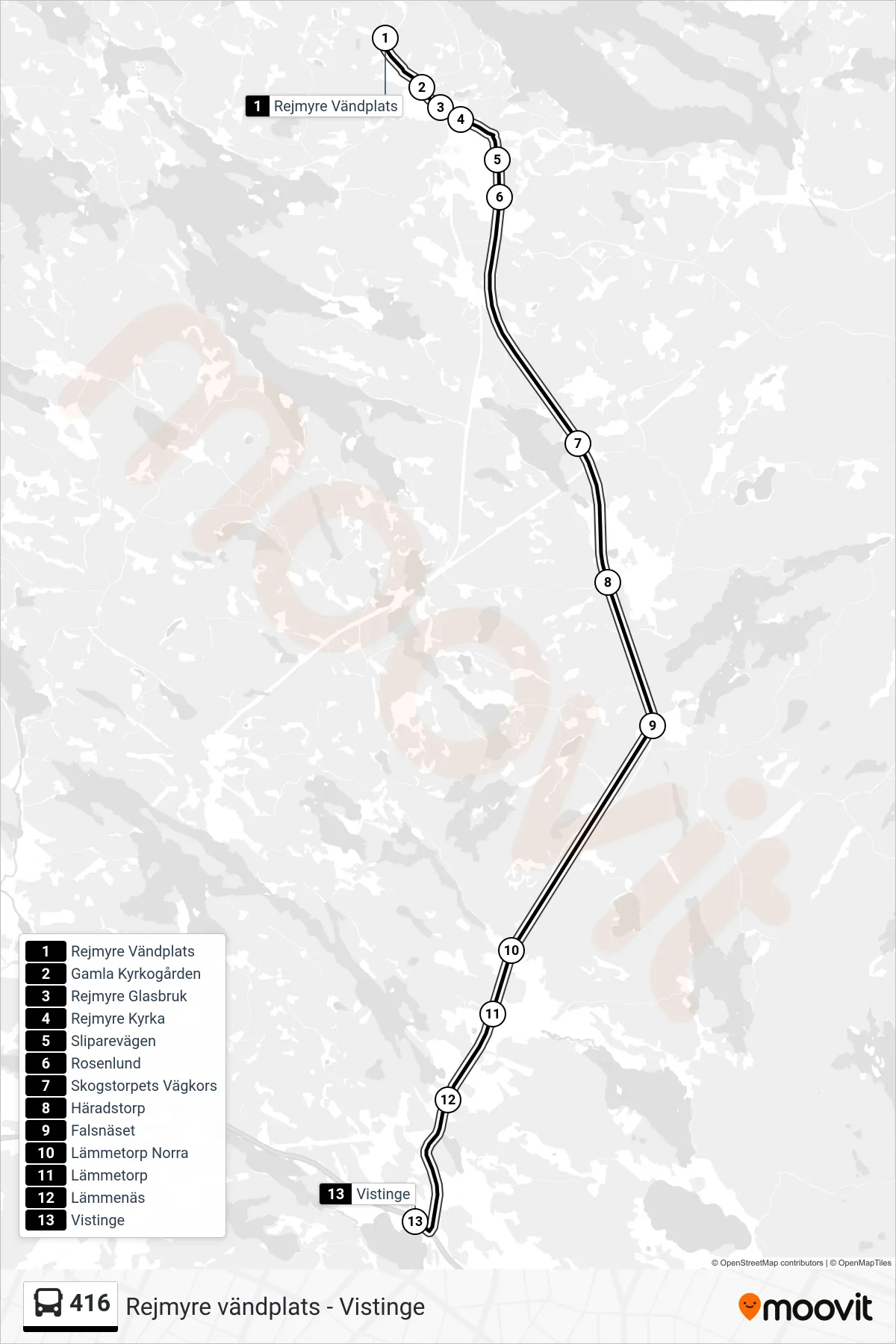 Rutt och hållplatser på karta för linje 416 spårvagn, (Vistinge)