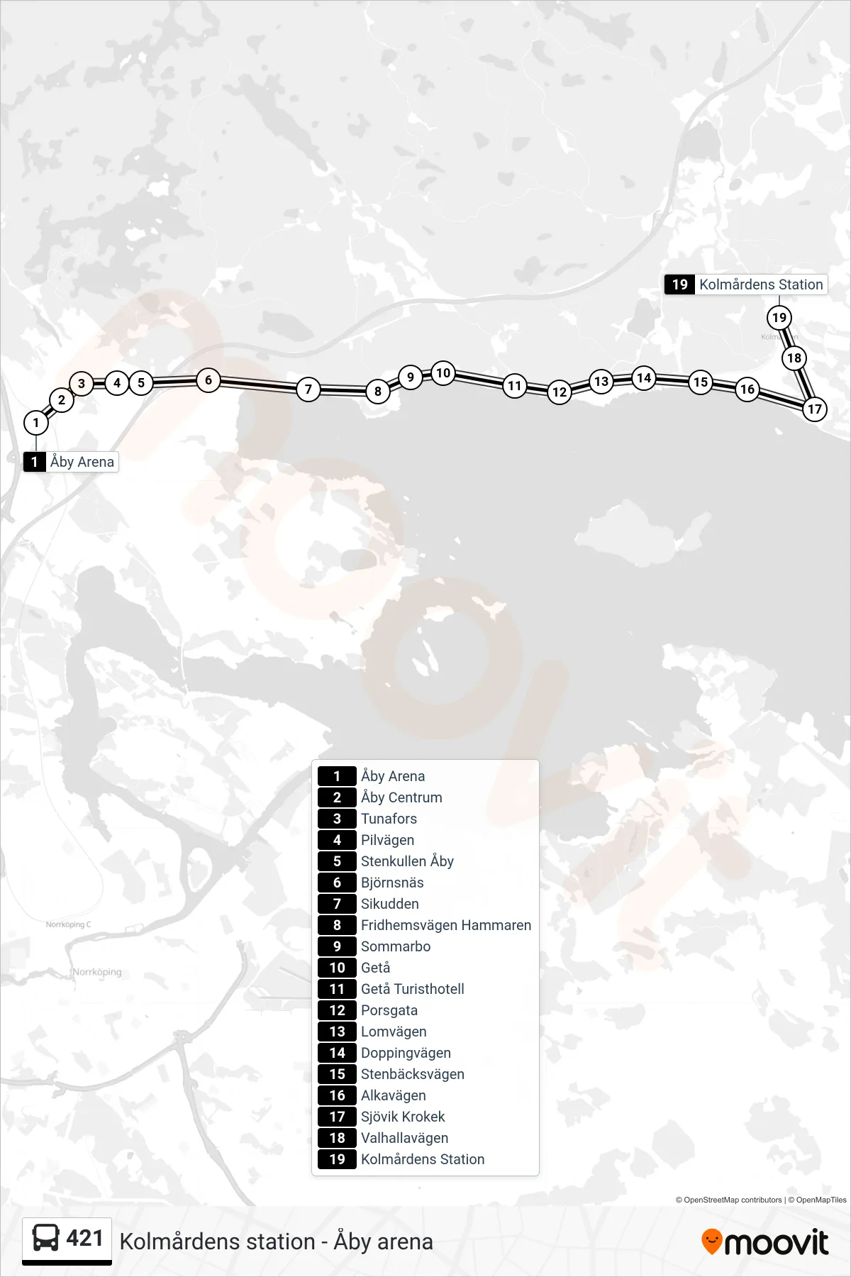 Rutt och hållplatser på karta för linje 421  spårvagn, (Kolmårdens Station)