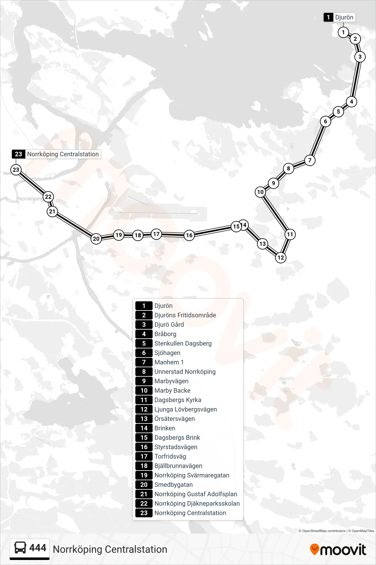 Rutt och hållplatser på karta för linje 444 spårvagn, (Norrköping Centralstation)