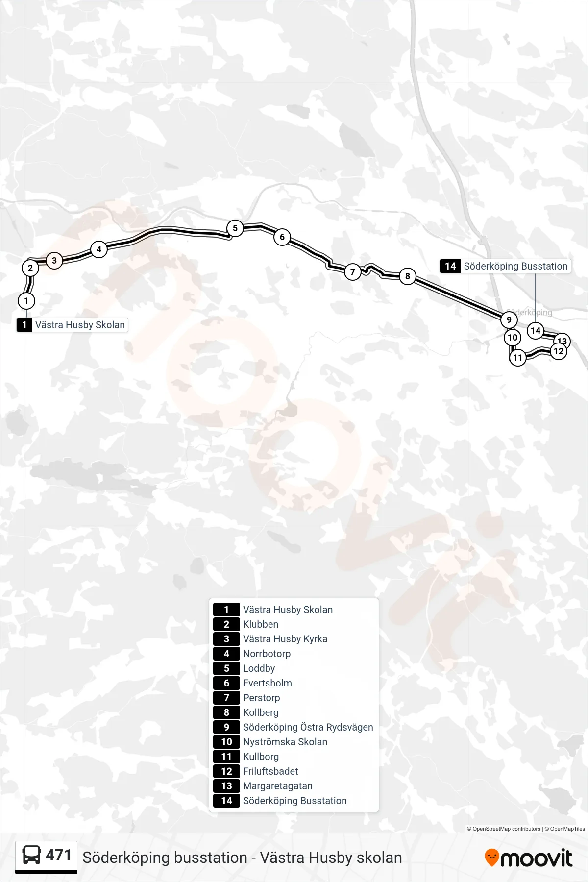 Rutt och hållplatser på karta för linje 471 spårvagn, (Söderköping Busstation)