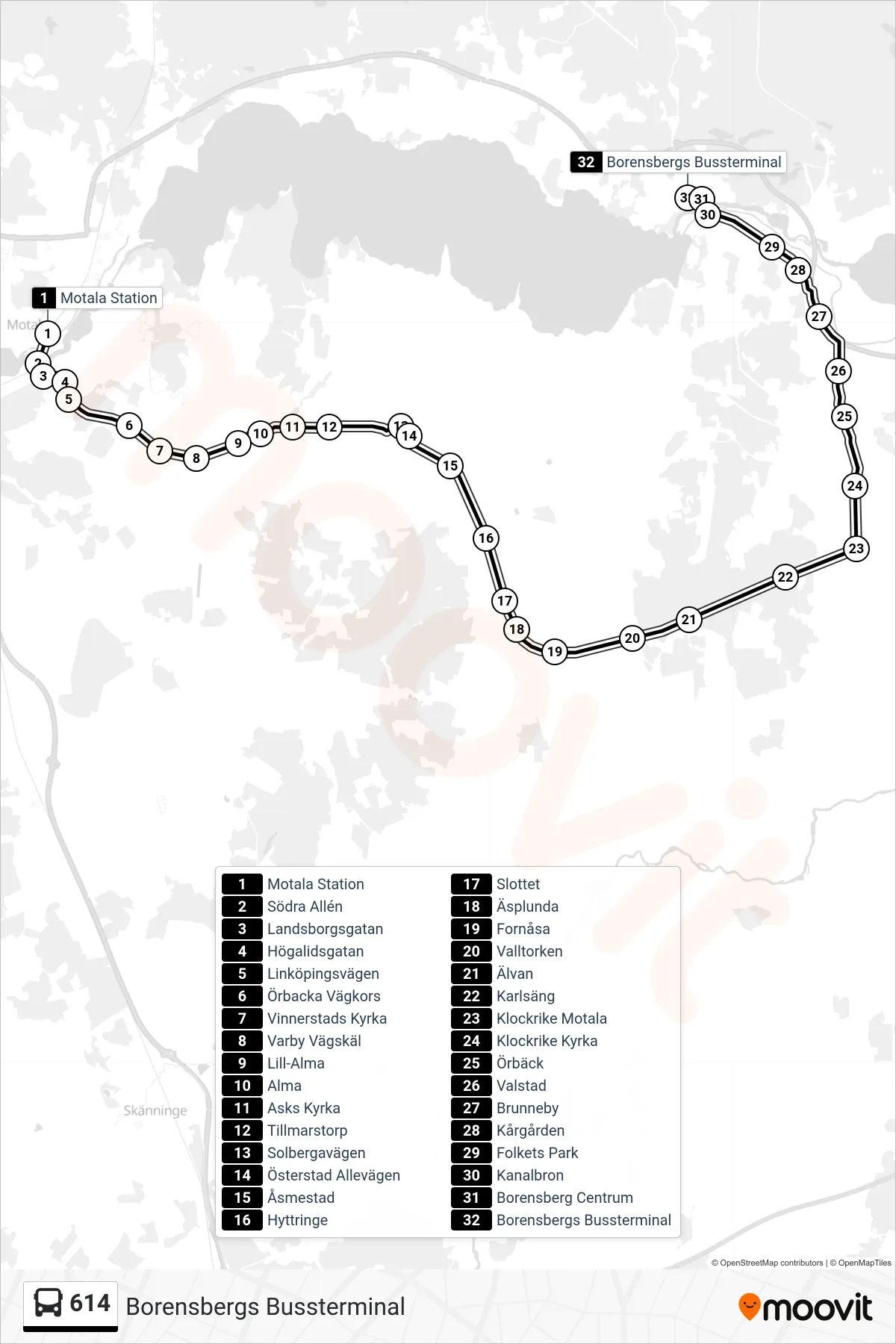 Rutt och hållplatser på karta för linje 614 spårvagn, (Borensbergs Bussterminal)
