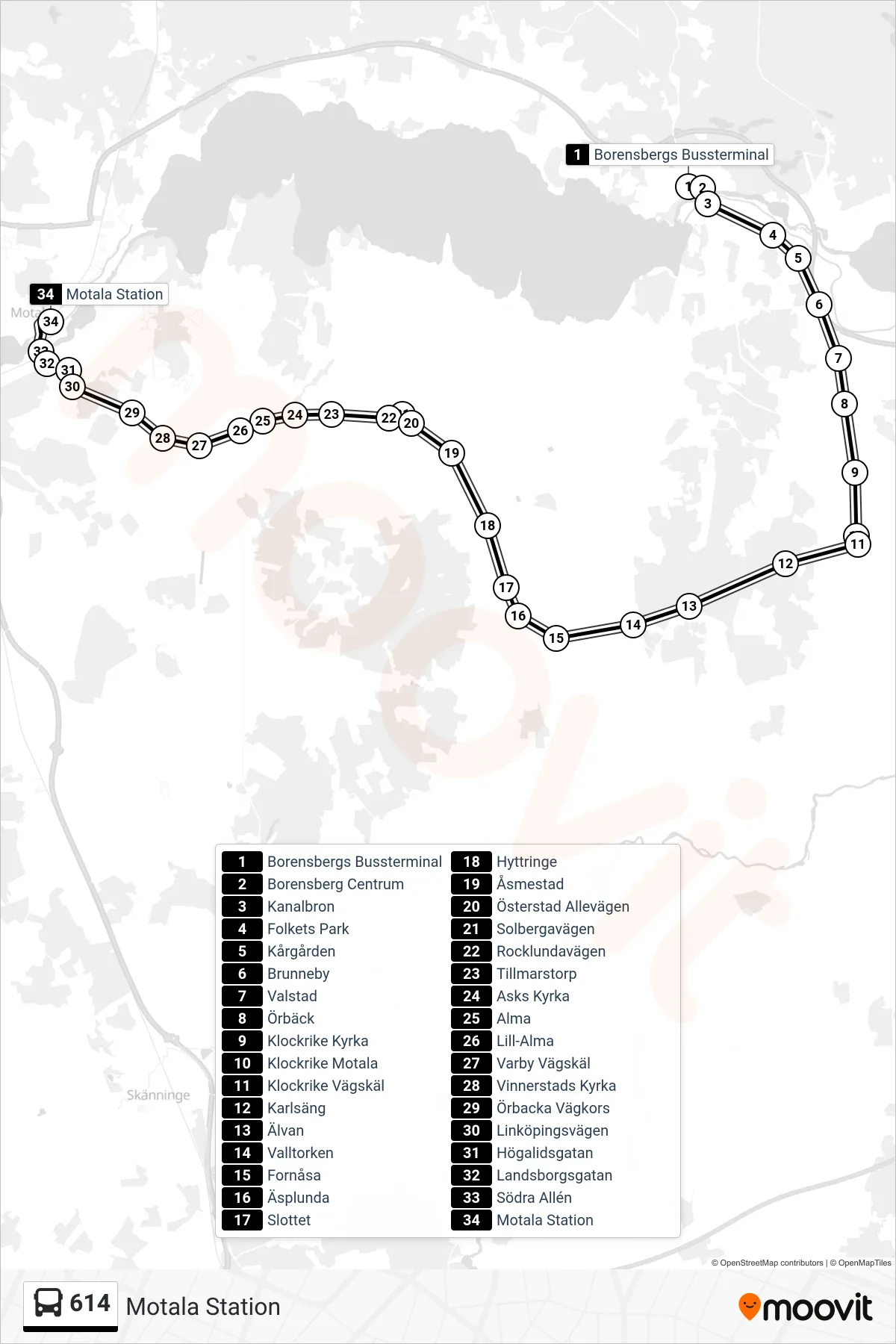 Rutt och hållplatser på karta för linje 614 spårvagn, (Motala Station)