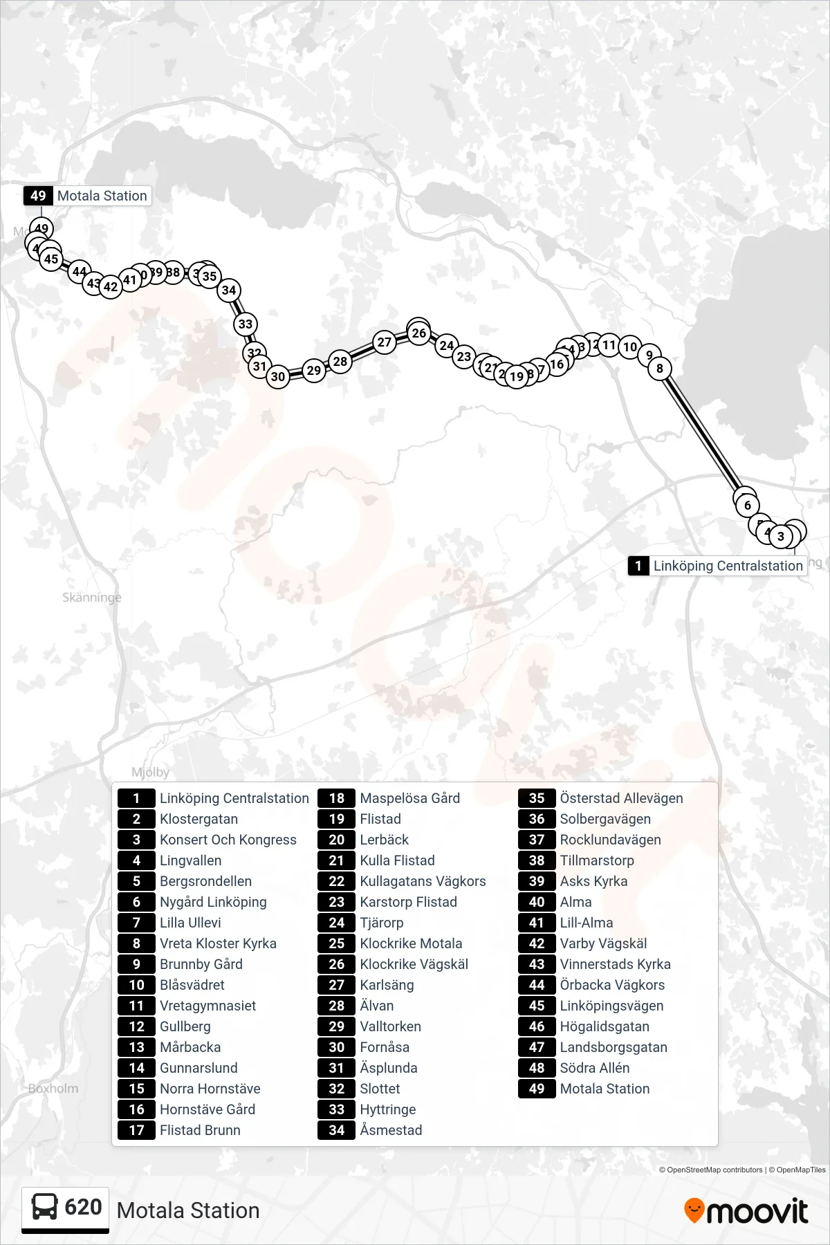 Rutt och hållplatser på karta för linje 620 spårvagn, (Motala Station)