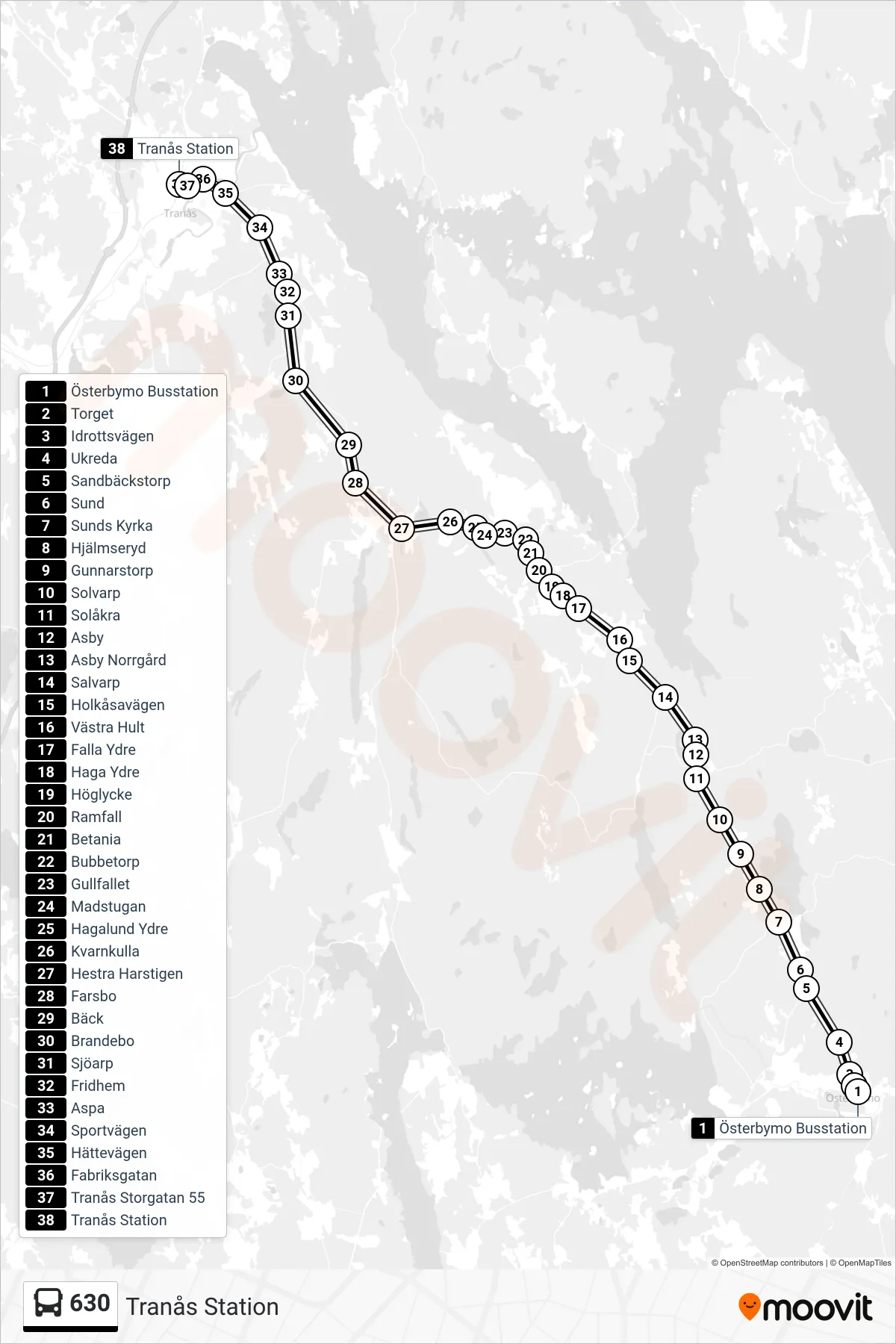 Rutt och hållplatser på karta för linje 630 spårvagn, (Tranås Station)
