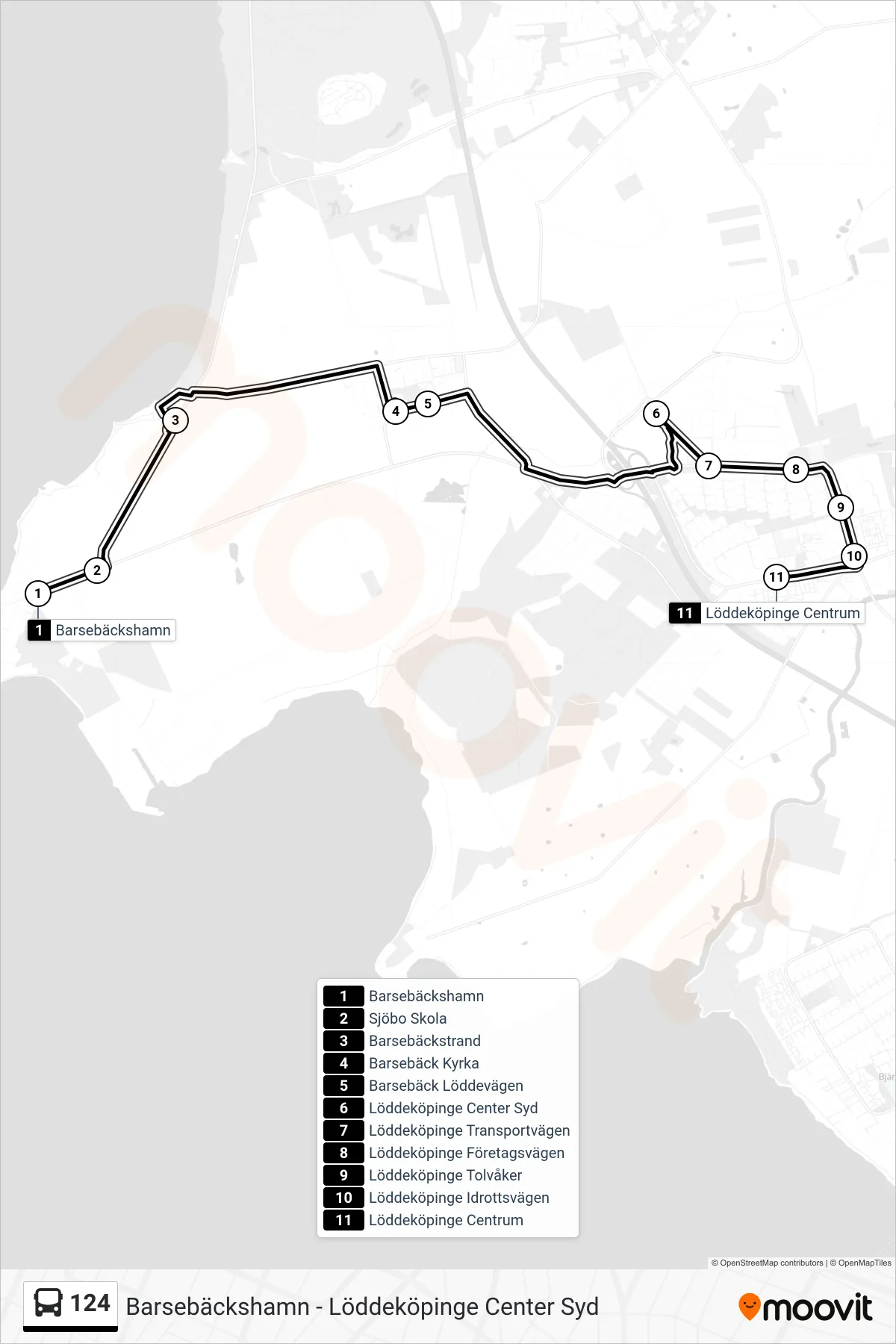 Rutt och hållplatser på karta för linje 124 spårvagn, (Löddeköpinge Centrum)