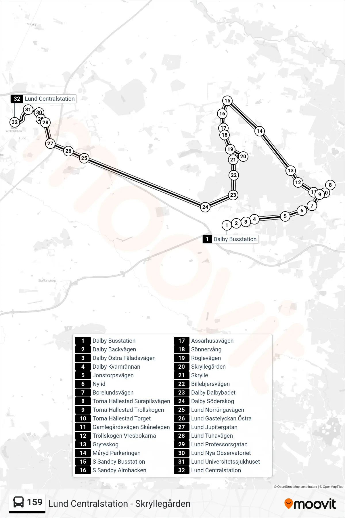Rutt och hållplatser på karta för linje 159 spårvagn, (Lund Centralstation)