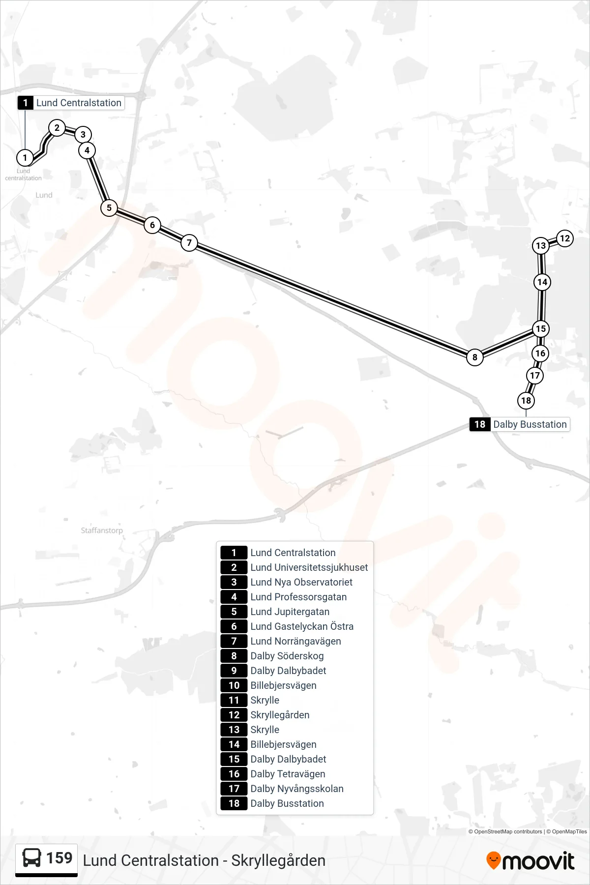 Rutt och hållplatser på karta för linje 159 spårvagn, (Dalby Busstation)